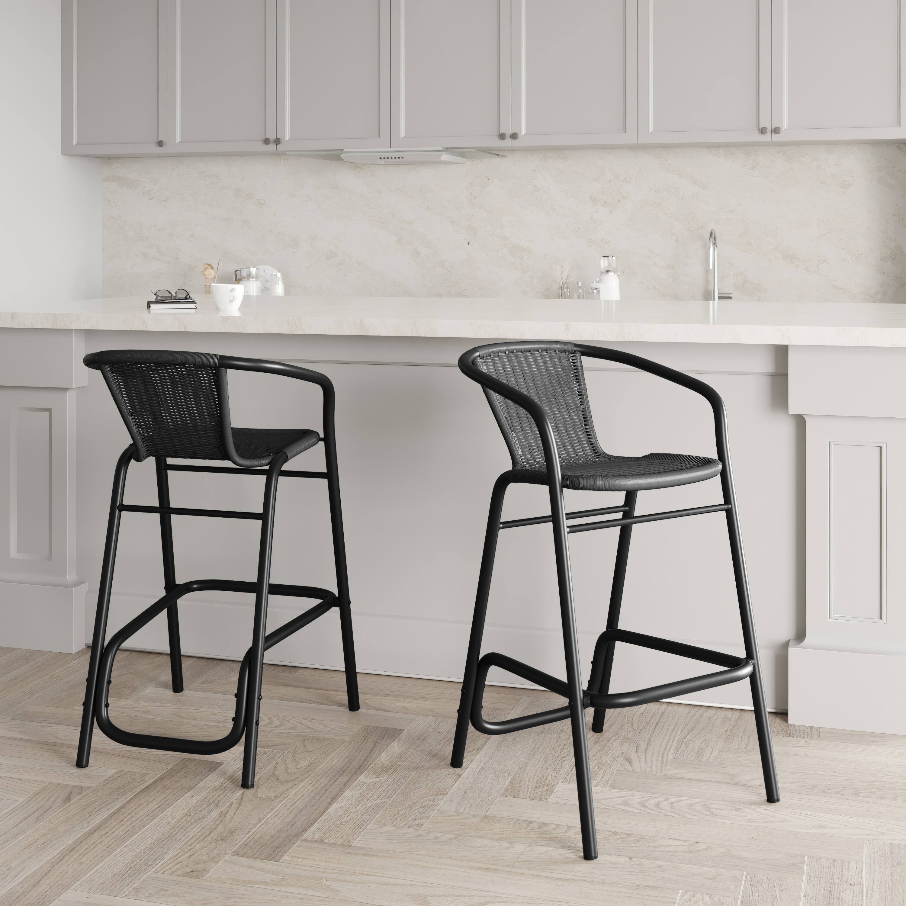 Alt View 1. Emma + Oliver - Rhea Set of Two Indoor/Outdoor Restaurant Style Rattan Barstools - Gray.