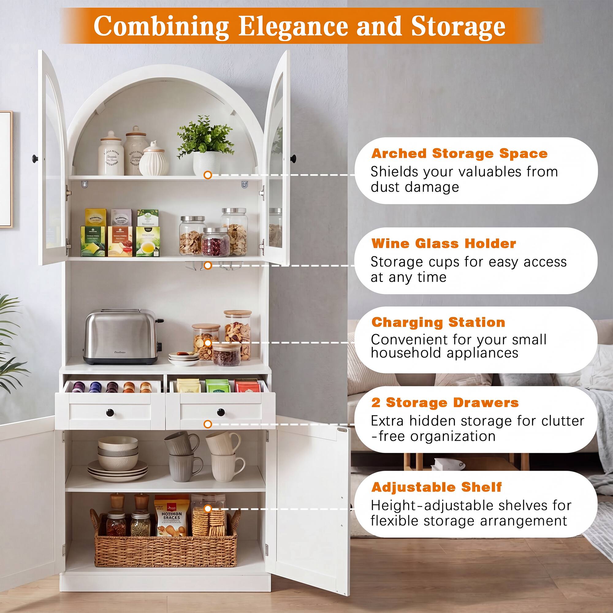 Combining Elegance and Storage

- Arched Storage Space: Shields your valuables from dust damage
- Wine Glass Holder: Storage cups for easy access at any time
- Charging Station: Convenient for your small household appliances
- 2 Storage Drawers: Extra hidden storage for clutter-free organization
- Adjustable Shelf: Height-adjustable shelves for flexible storage arrangement