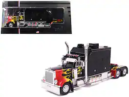 2002 Peterbilt 379 Custom Truck Tractor 1/43 Diecast Model by IXO Models - Black with Flame Graphics