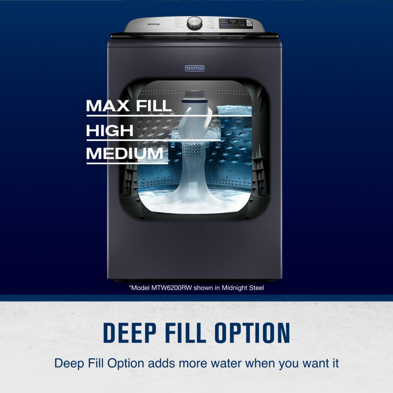MAX FILL  
HIGH  
MEDIUM  

Model MTW6200RW shown in Midnight Steel  

DEEP FILL OPTION  
Deep Fill Option adds more water when you want it