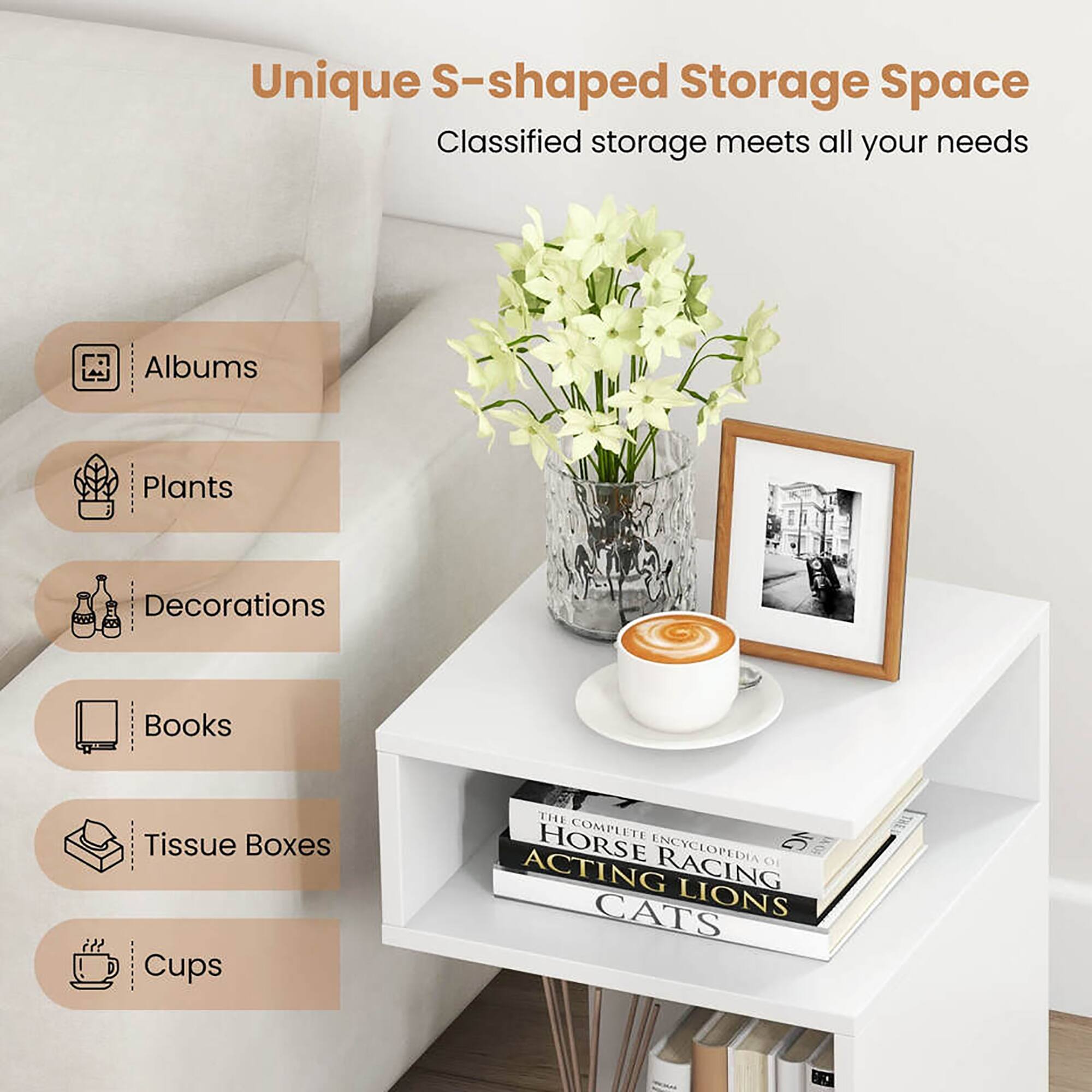 Unique S-shaped Storage Space  
Classified storage meets all your needs

- Albums
- Plants
- Decorations
- Books
- Tissue Boxes
- Cups

The Complete Encyclopedia of Horse Racing  
Acting Cats Lions