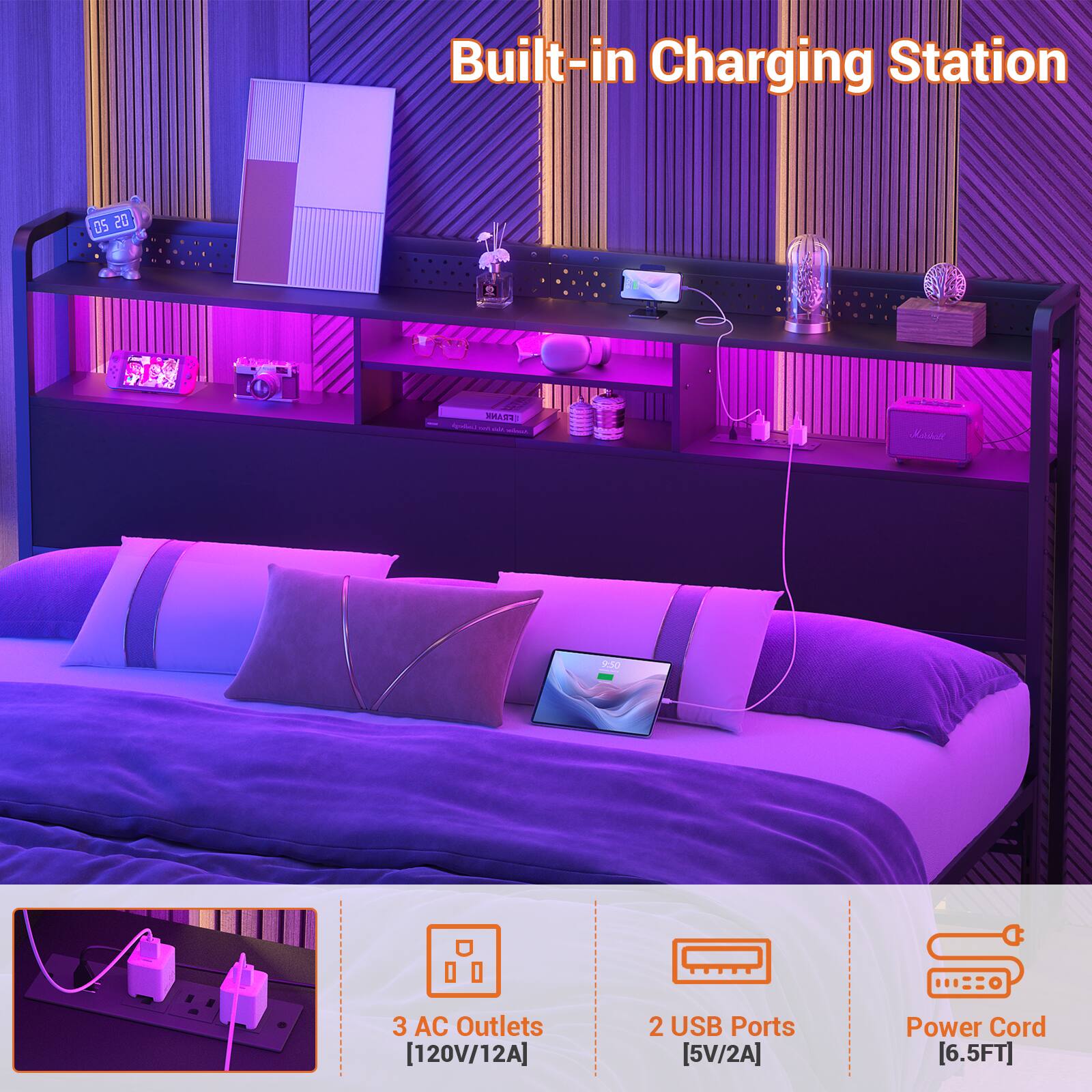 Built-in Charging Station  
- 3 AC Outlets [120V/12A]  
- 2 USB Ports [5V/2A]  
- Power Cord [6.5FT]