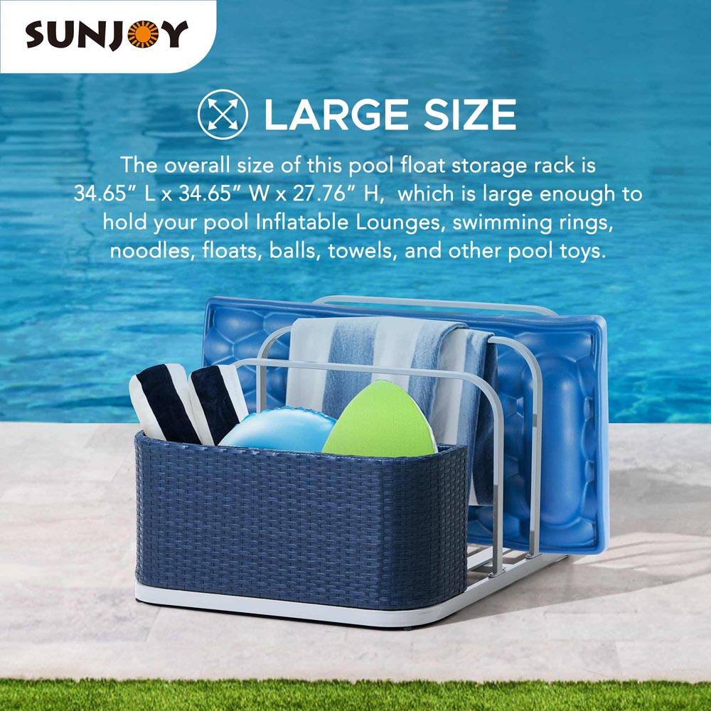 SUNJOY  
LARGE SIZE  

The overall size of this pool float storage rack is 34.65" L x 34.65" W x 27.76" H, which is large enough to hold your pool inflatable lounges, swimming rings, noodles, floats, balls, towels, and other pool toys.