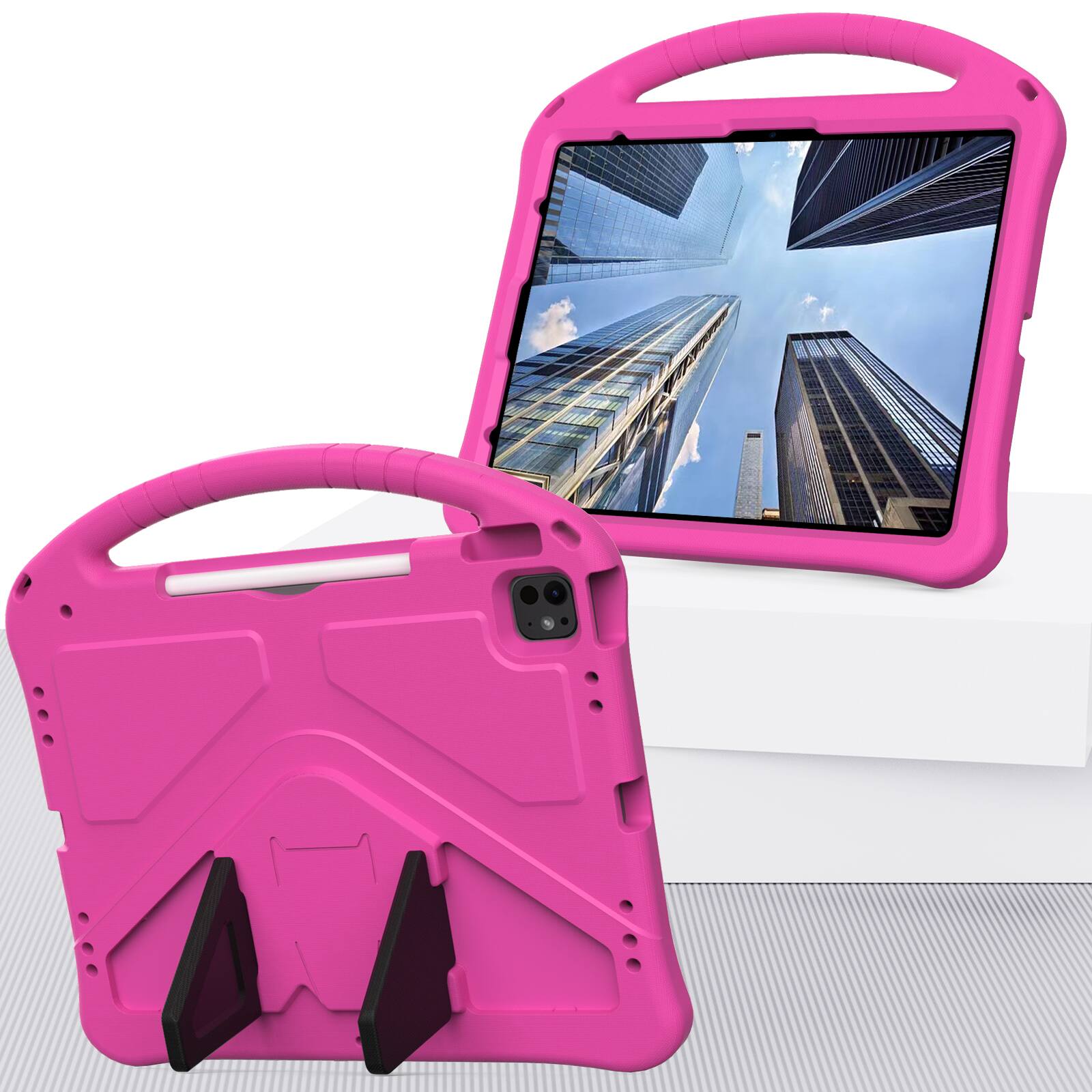 Angle. Dteck - For iPad Air 13'' (M4)2026/(M3)2025/ (M2)2024 & iPad Pro 13'' (M5) 2025/(M4) 2024 Shockproof EVA Handle Stand Kids Case - Rose.