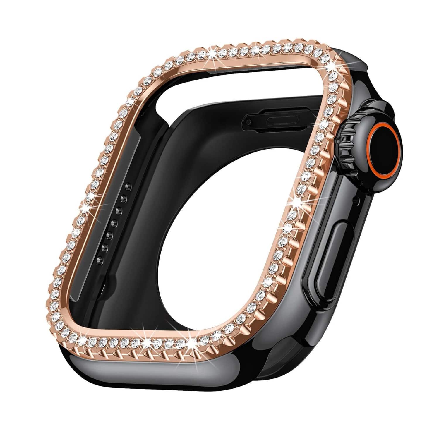 Stock Preferred - Rugged Metal Diamond Bumper Case with Back Cover for Apple Watch 44mm - Black Rose Gold
