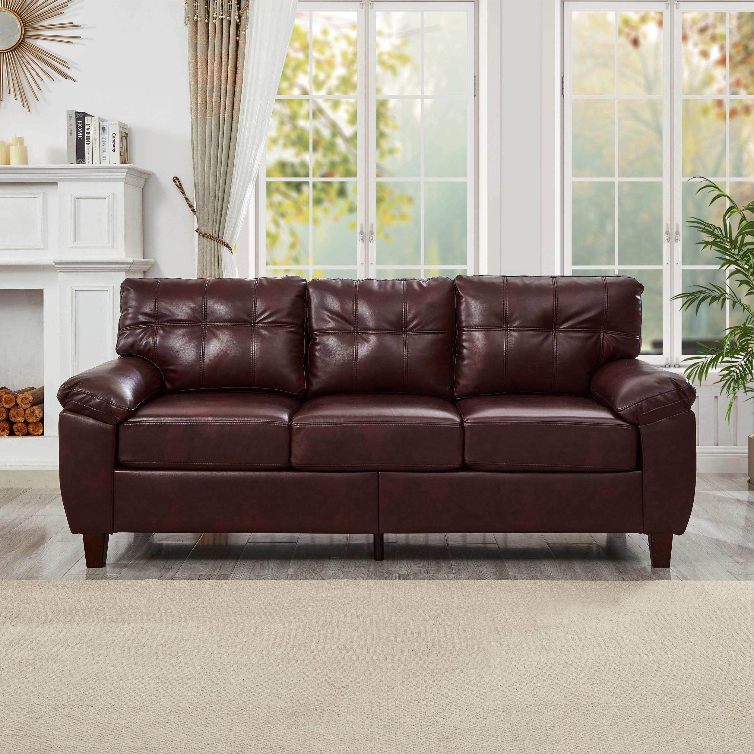 Alt View 1. Roomtec - 79 inch Three Seater Sofa Modern Design Faux Leather CouchLiving Room Sofa with StorageBig Armrest SofaUpholstered - Burgundy.