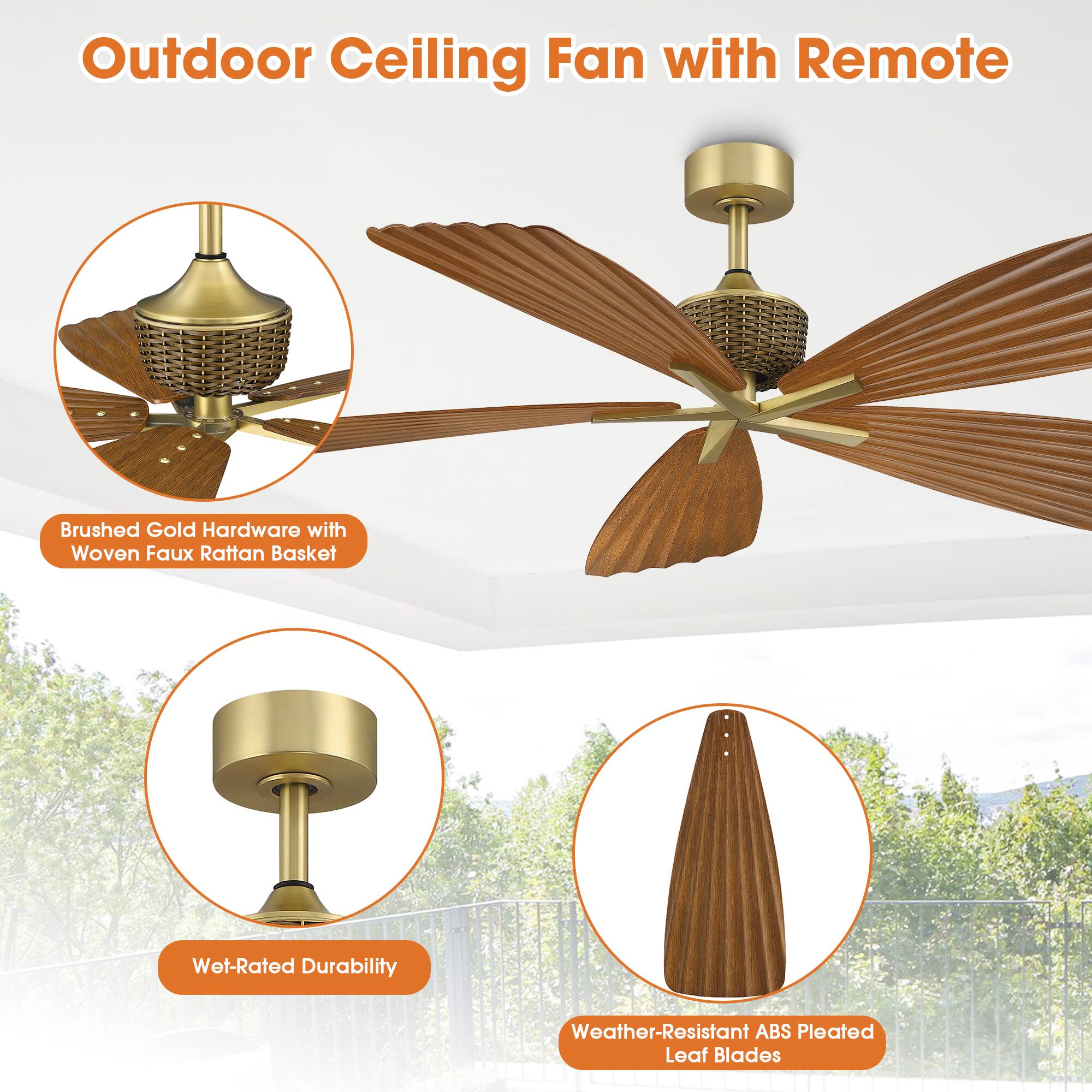 Outdoor Ceiling Fan with Remote

- Brushed Gold Hardware with Woven Faux Rattan Basket
- Wet-Rated Durability
- Weather-Resistant ABS Plated Leaf Blades