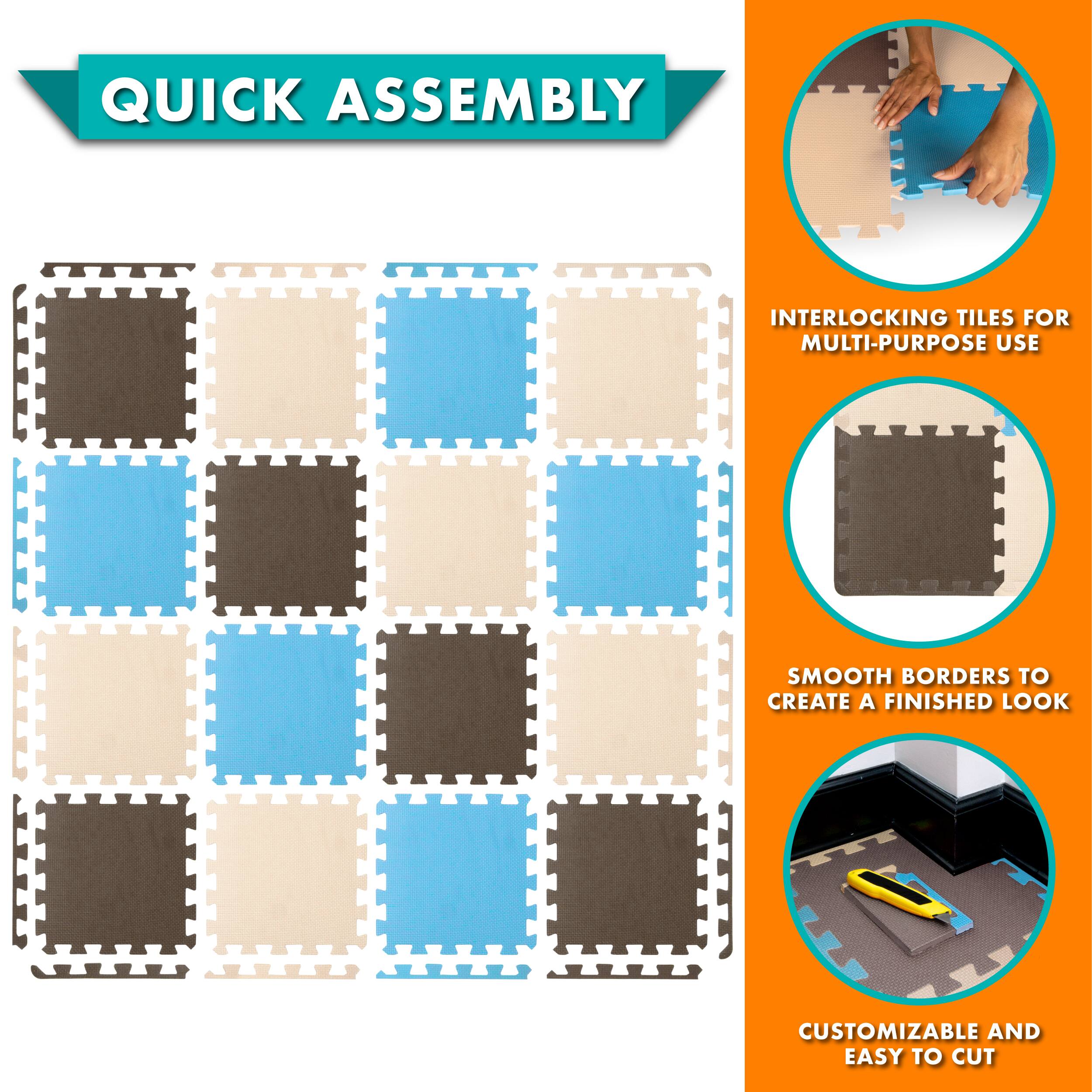 Quick Assembly Interlocking Tiles for Multi-Purpose Use. Create a Smooth, Finished Look with Customizable and Easy-to-Cut Borders.