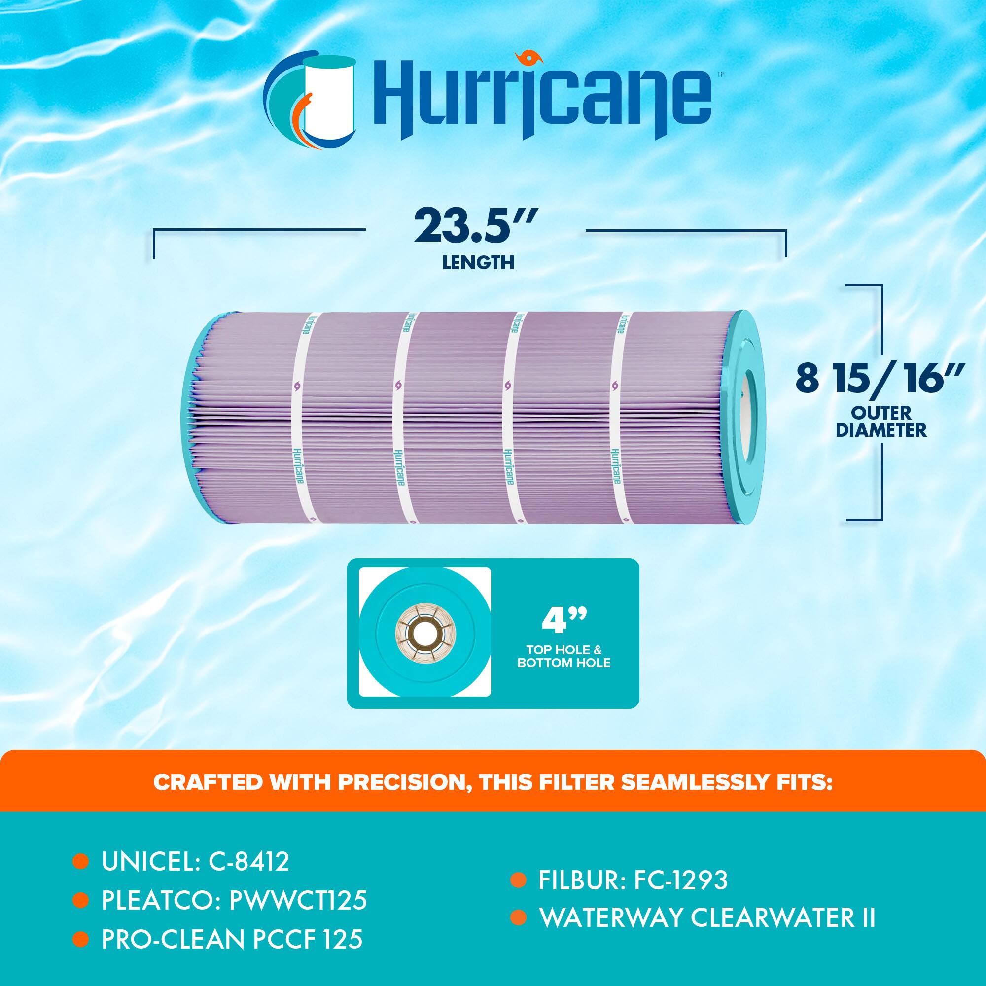 Hurricane

23.5" LENGTH

8 15/16" OUTER DIAMETER

4" TOP HOLE & BOTTOM HOLE

CRAFTED WITH PRECISION, THIS FILTER SEAMLESSLY FITS:

- UNICEL: C-8412
- PLEATCO: PWWCT125
- PRO-CLEAN PCCF 125
- FILBUR: FC-1293
- WATERWAY CLEARWATER II