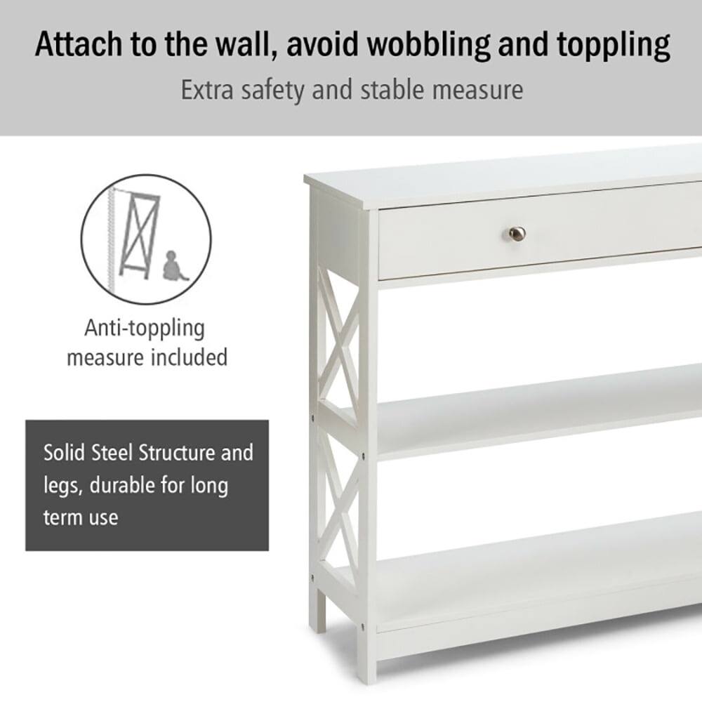 Attach to the wall, avoid wobbling and toppling  
Extra safety and stable measure  

Anti-toppling measure included  

Solid Steel Structure and legs, durable for long term use