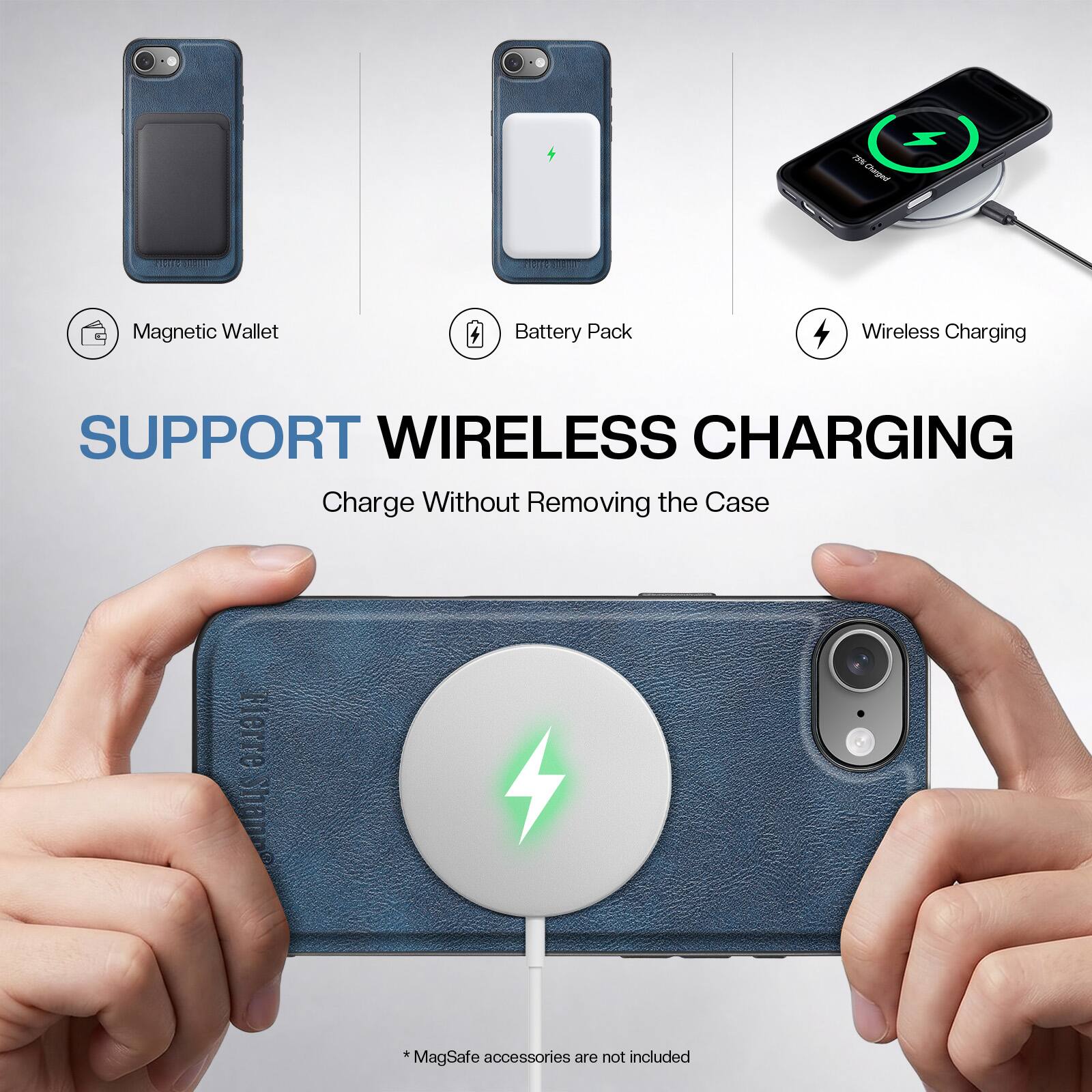 NSI Charged  
Magnetic Wallet  
Battery Pack  
Wireless Charging  
SUPPORT WIRELESS CHARGING  
Charge Without Removing the Case  
*MagSafe accessories are not included