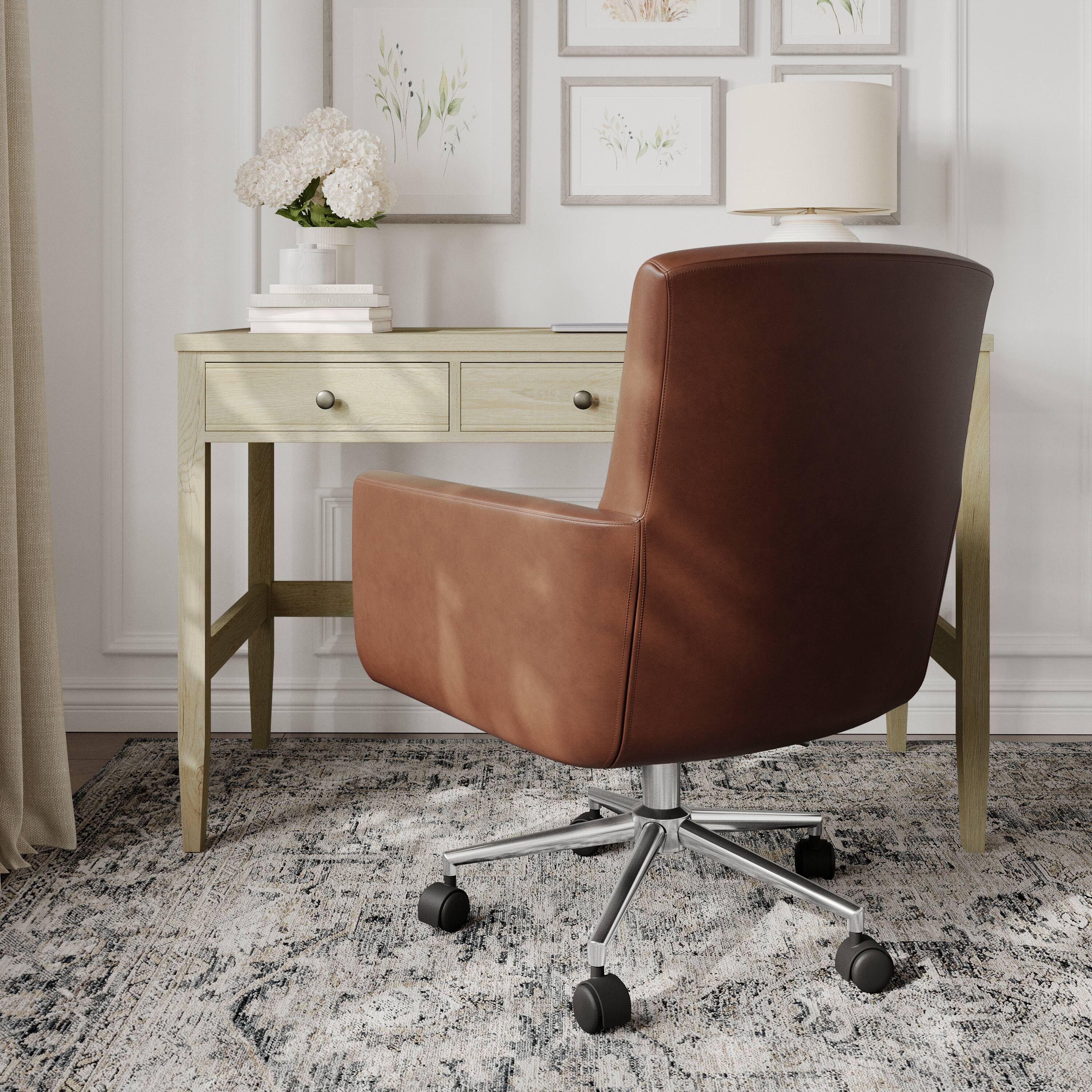 Alt View 4. Martha Stewart - Zaya Upholstered Swivel Home Office Chair with Padded Arms - Saddle Brown Faux Leather/Polished Nickel Frame.