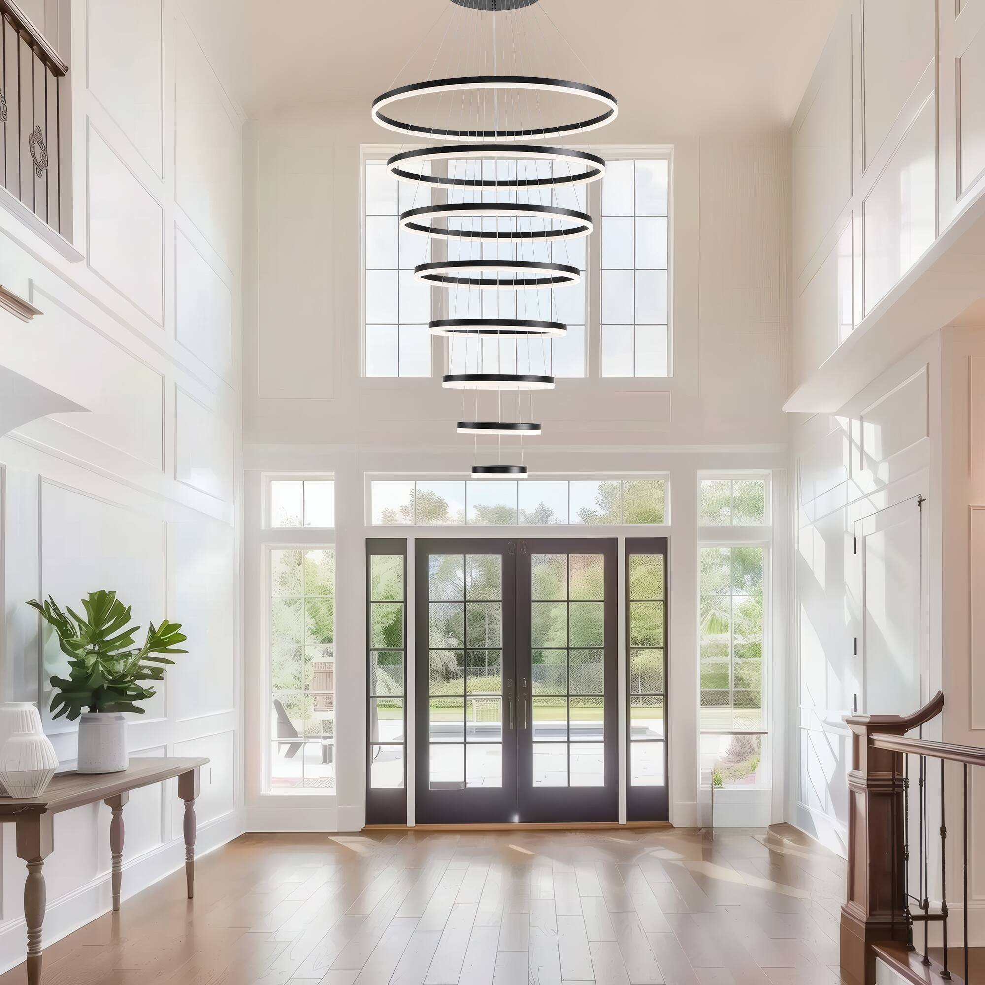 Alt View 2. RYHNUYNE - Modern 8-Ring LED Chandelier with Remote Adjustable Height Dimmable Ceiling Light for High Ceilings Living Room Foyer.