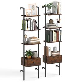 Gymax - 2 PCS 5-Tier Bookshelf w/ Drawer 70'' Wall Mount Ladder Bookcase w/ Metal Frame - Brown