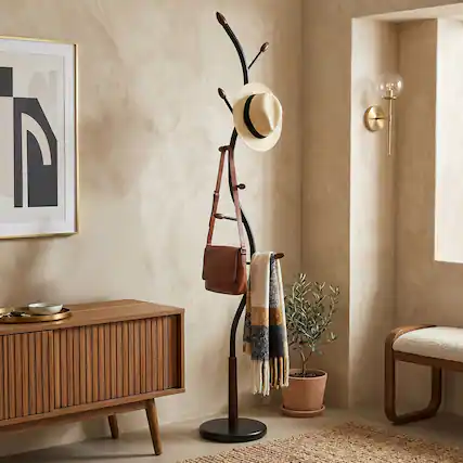 Front. MERAVOM - Coat Rack, Metal Coat Tree Freestanding with 8 Hooks, Creative Design Tree Branch-look, Standing Coat Rack for Bedroom - Black.