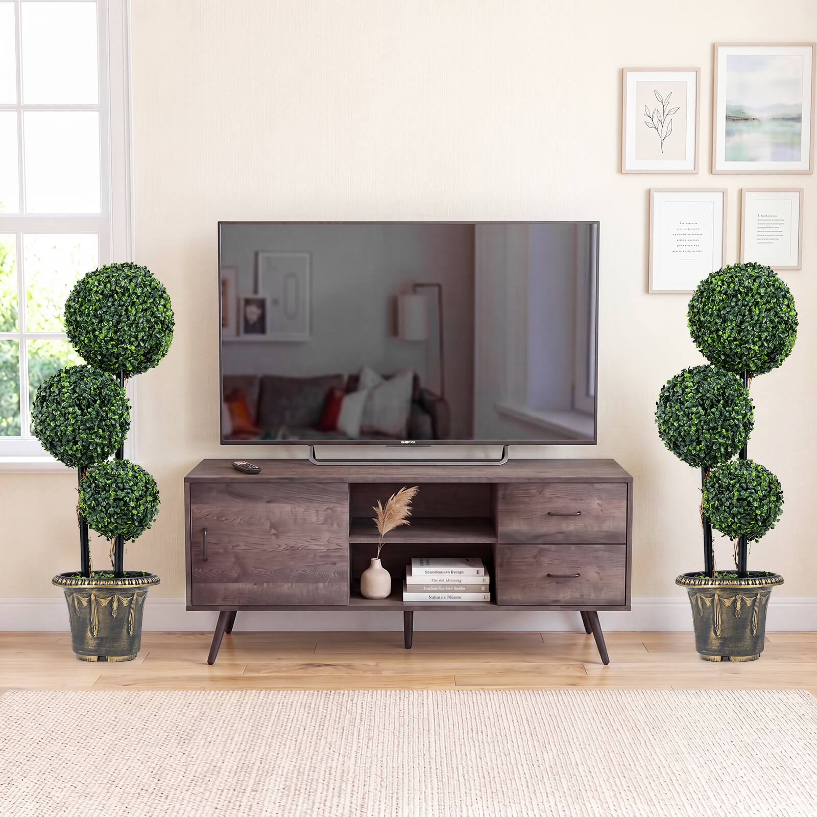 Alt View 5. Gymax - Gymax 2PCS 3 FT Artificial Boxwood Topiary Tree Sun-Protective Triple Ball Shrubs - Green.