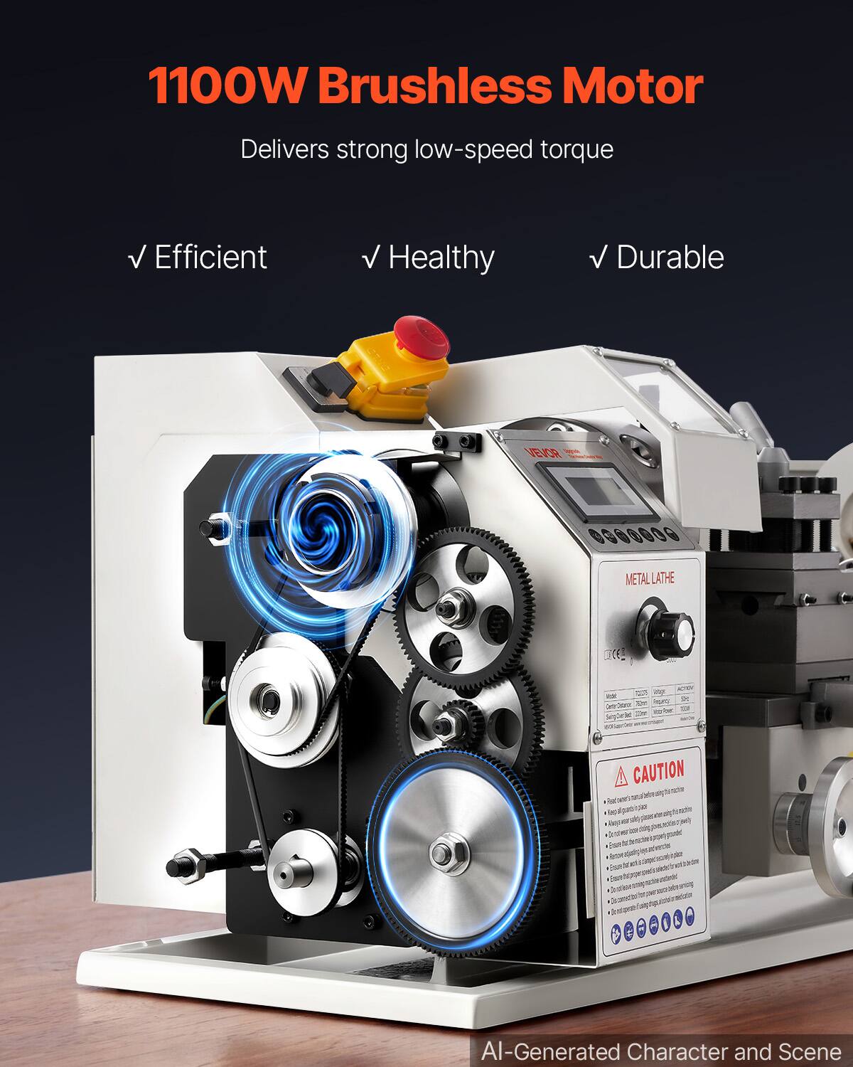 1100W Brushless Motor  
Delivers strong low-speed torque  

✓ Efficient  
✓ Healthy  
✓ Durable  

VEVOR  
METAL LATHE  

ICE  
QUE 250ml The Reparty  
54  

CAUTION  

AI-Generated Character and Scene