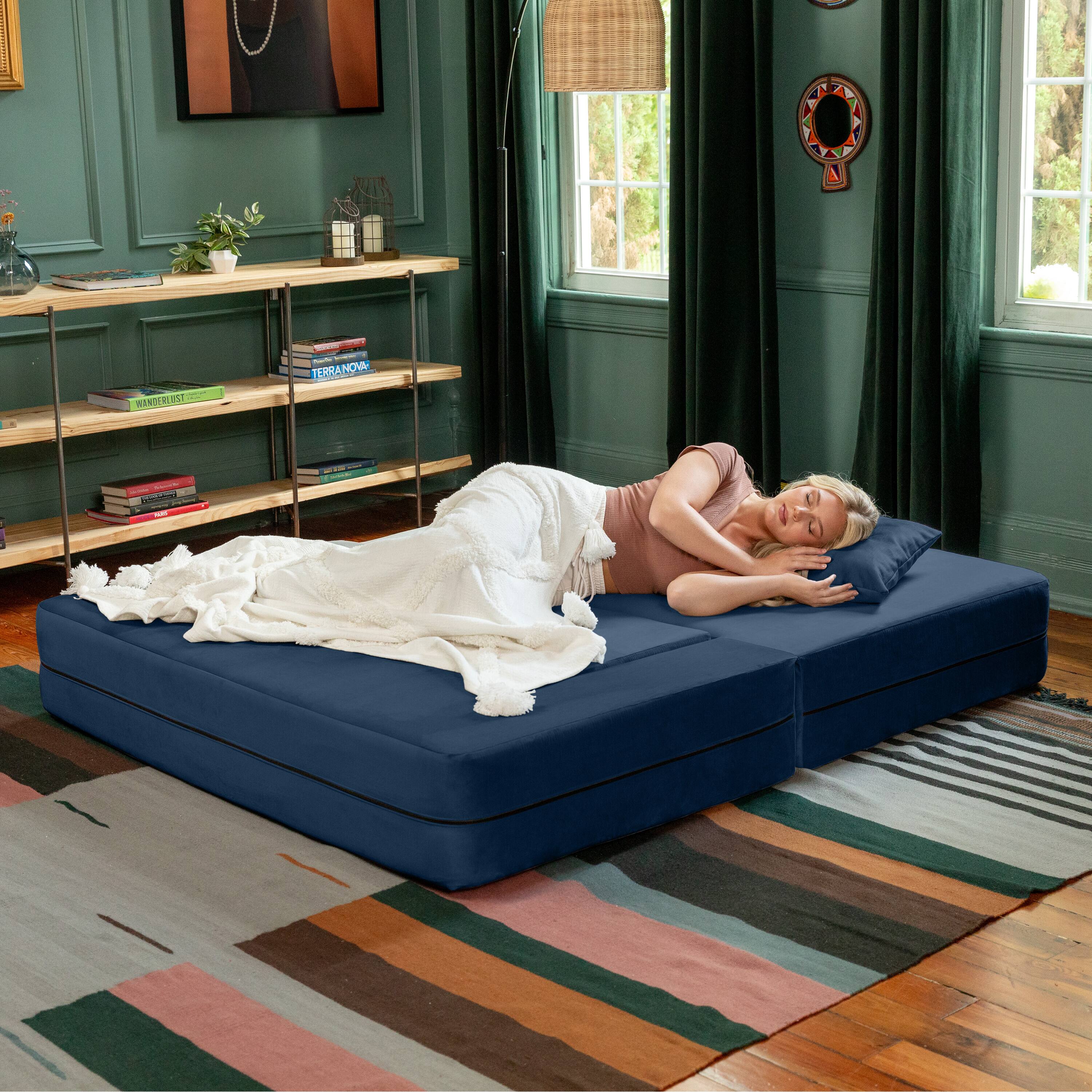 Alt View 2. Jaxx - Jaxx Zipline Convertible Sleeper Loveseat & Ottomans, Textured Microvelvet - Indigo - Indigo.