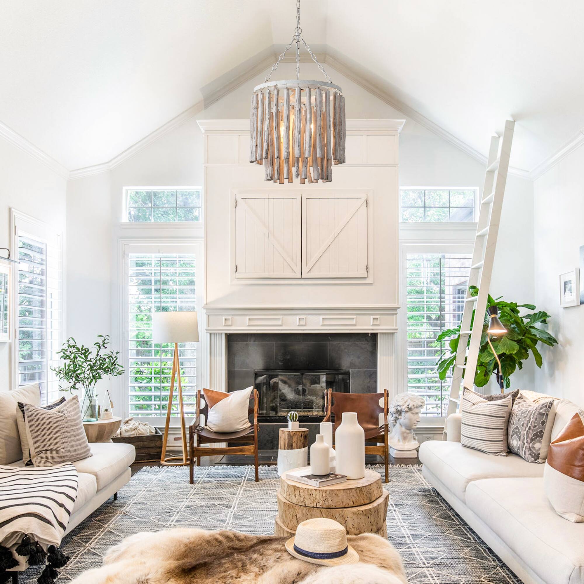 Left. Parrot Uncle - 17"W Farmhouse White Wooden Adjustable 4-Light Chandelier - White.