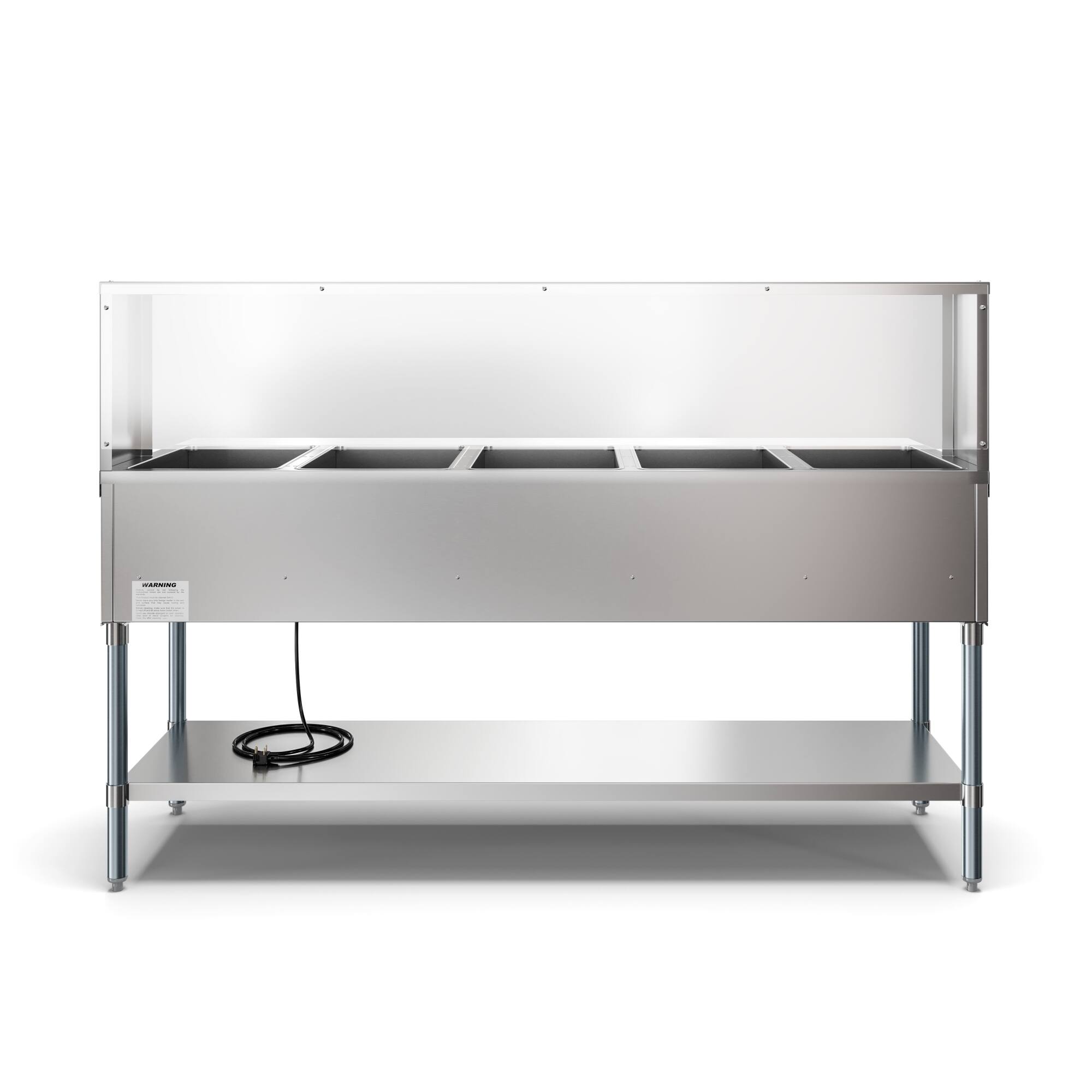 Angle. Koolmore - Five Pan Open Well Electric Steam Table with Undershelf and Sneeze-Guard, 240V, KM-OWS-5SG. - Silver.