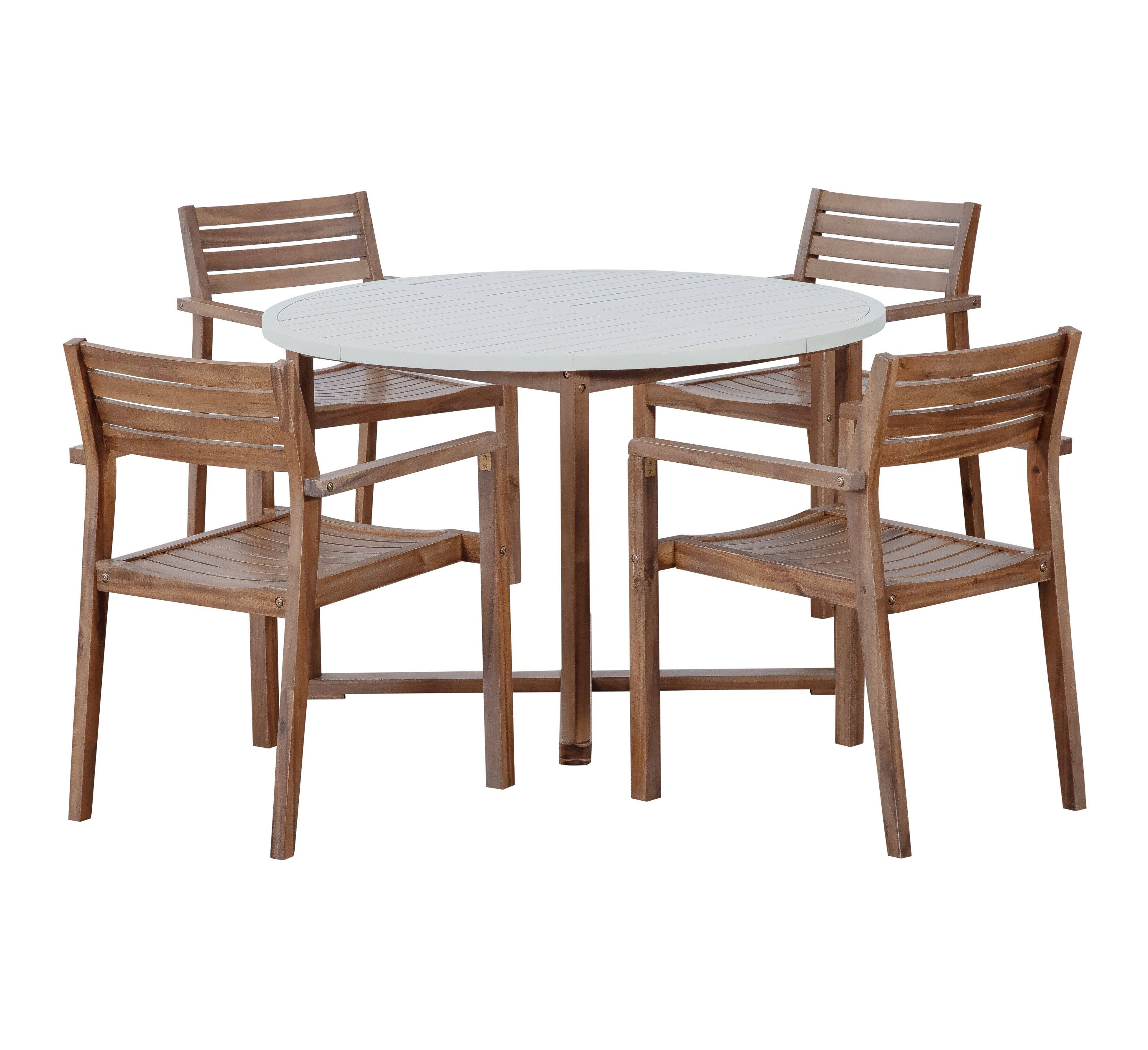 Left. Mondawe - 5-Piece Outdoor Dining Set with 4 Acacia Wood Chairs,47.2" Round Dining Table with Umbrella Hole - Brown+White.