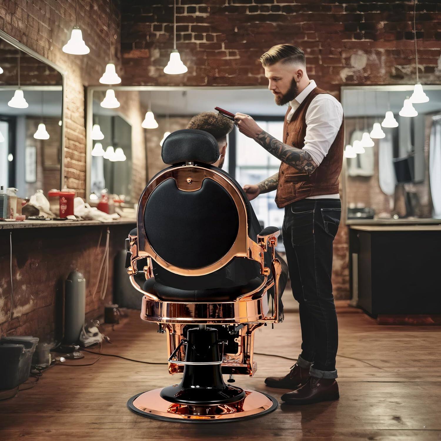 Angle. Winado - Vintage Heavy Duty Recline Barber Chair Salon Beauty All Purpose Equipment with Towel Rack, Removable Headrest, Footrest - Rose Gold & Black.
