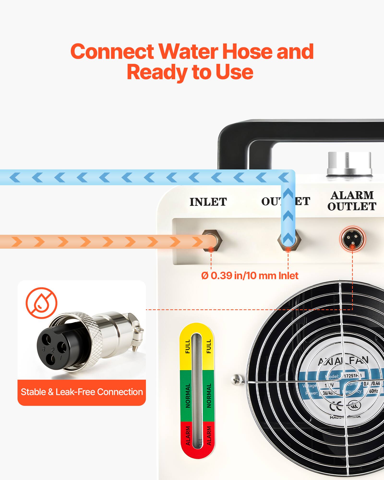 Connect Water Hose and Ready to Use

INLET
OUTLET
ALARM OUTLET

Ø 0.39 in/10 mm Inlet

Stable & Leak-Free Connection

FULL NORMAL ALARM

AXIAI FAN
Model: 17251H3
Voltage: 110V
Current: 0.4A / 0.46A
Power: 36/40W
Frequency: 60Hz
