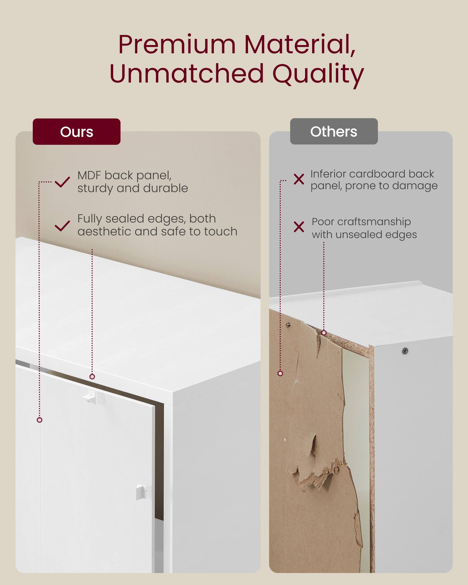 Premium Material, Unmatched Quality

**Ours**
- MDF back panel, sturdy and durable
- Fully sealed edges, both aesthetic and safe to touch

**Others**
- Inferior cardboard back panel, prone to damage
- Poor craftsmanship with unsealed edges
