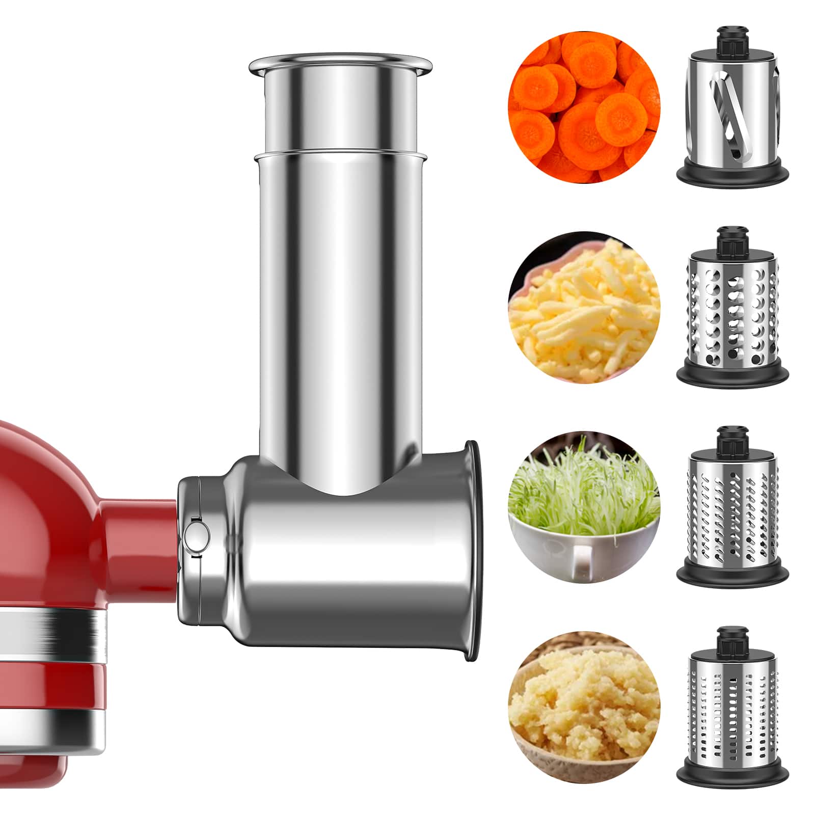 Gvode - Cheese Grater & Slicer Shredder Attachment, Compatible with KitchenAid®, All Steel, 4 Blades