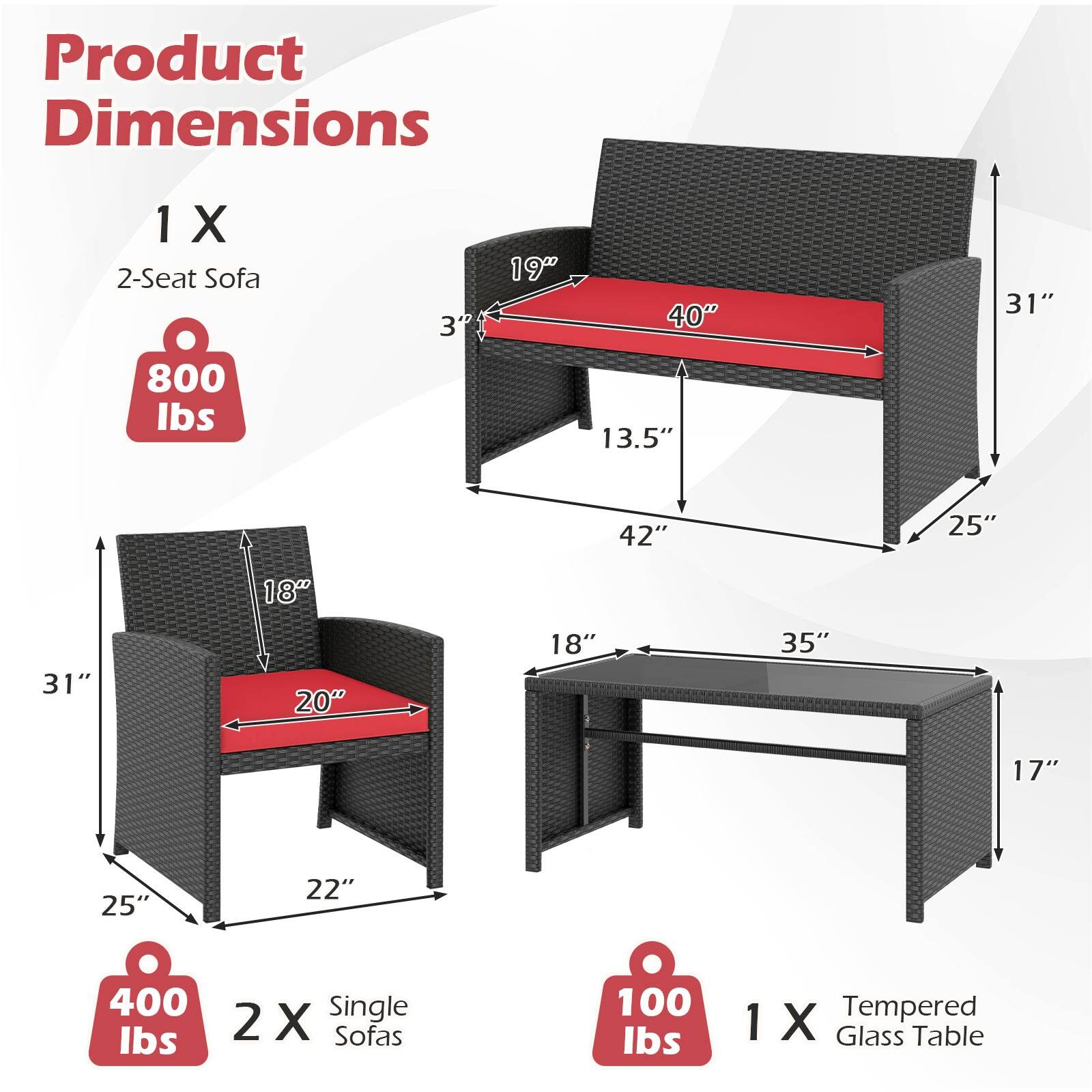Product Dimensions

1 X 2-Seat Sofa  
800 lbs  
Dimensions: 3" x 19" x 40" x 13.5" x 42" x 25" x 31" x 18" x 31" x 20" x 18" x 35" x 17" x 25" x 22"

2 X Single Sofas  
400 lbs  
Dimensions: 31" x 18" x 20" x 25" x 22"

1 X Tempered Glass Table  
100 lbs  
Dimensions: 35" x 17"