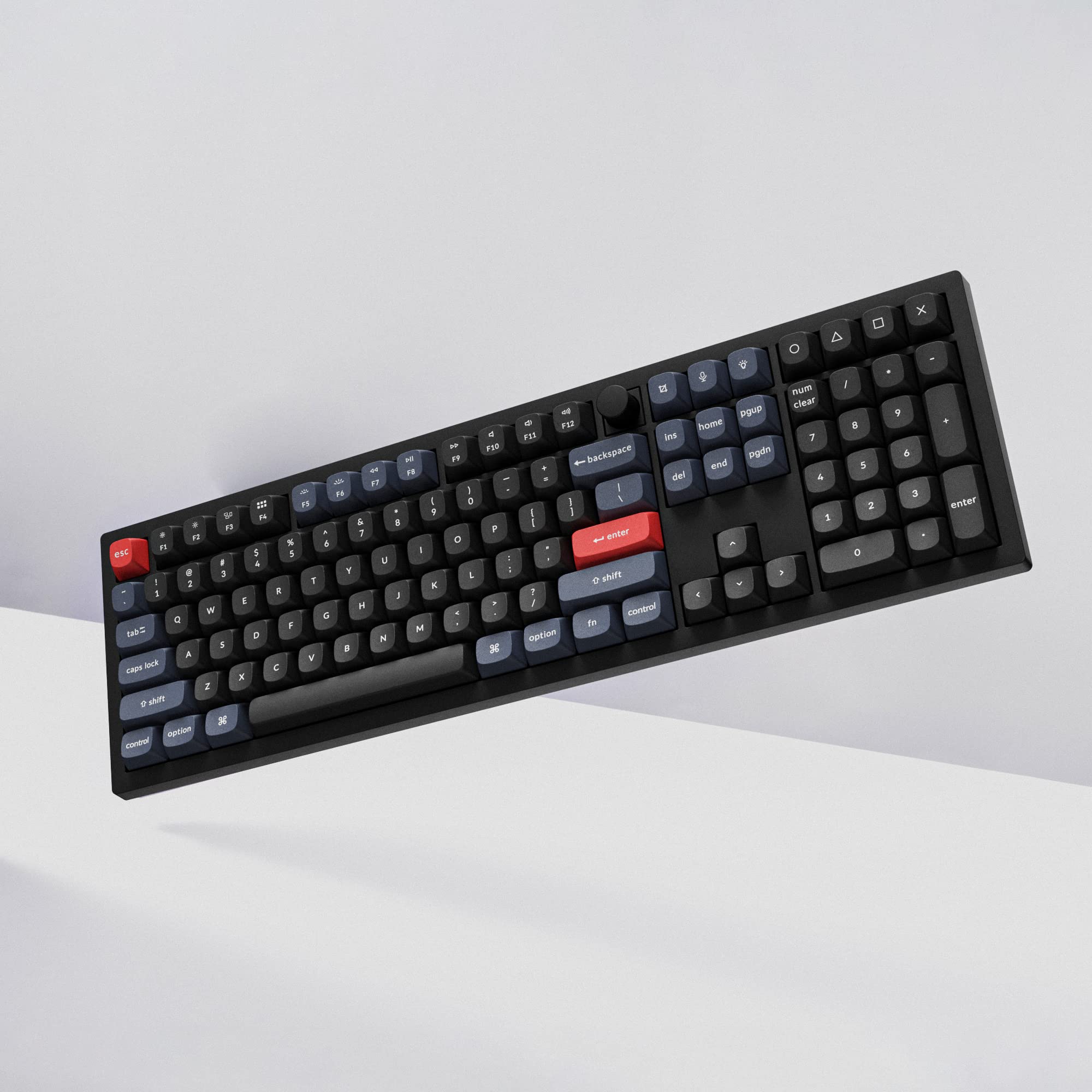 Sure, here is the corrected and grouped text from the image:

- Esc
- F1 F2 F3 F4 F5 F6 F7 F8 F9 F10 F11 F12
- 1 2 3 4 5 6 7 8 9 0 - = Backspace
- Tab Q W E R T Y U I O P [ ] \
- Caps Lock A S D F G H J K L ; ' Enter
- Shift Z X C V B N M , . / Shift
- Fn Control Option Command
- Space
- Control Option Command
- Left Arrow Up Arrow Right Arrow Down Arrow
- Insert Home Page Up Page Down End Delete
- Num Lock / * - + Num 7 8 9 Enter
- Num 4 5 6 Num 1 2 3 Num 0 . Num + Num - Num *
- Backspace
- F1 F2 F3 F4 F5 F6 F7 F8 F9 F10 F11 F12
- Windows Logo Key Alt