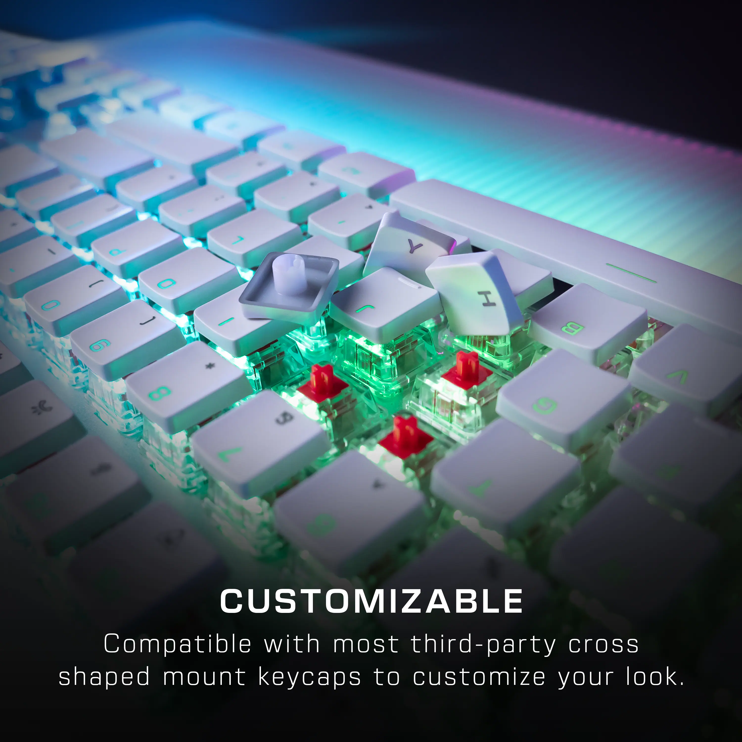 The text on the image reads "CUSTOMIZABLE Compatible with most third-party cross shaped mount keycaps to customize your look."