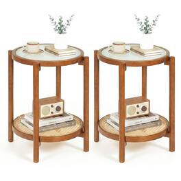Gymax - 2PCS Round Side Table w/Tempered Glass Top Storage Shelf Acacia Wood Legs Walnut - Brown