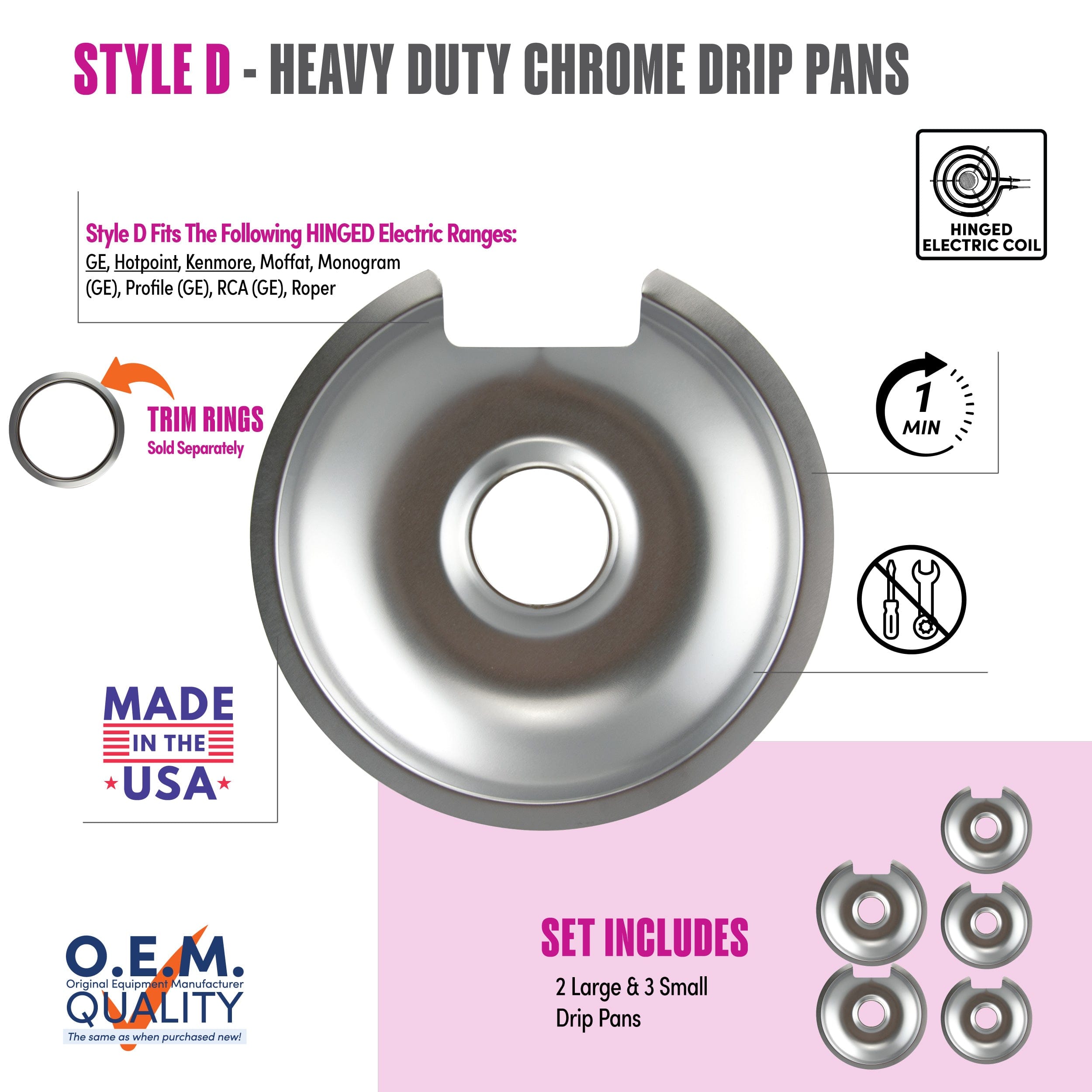 Range Kleen - 10565X Style D 5pk Heavy Duty Chrome Drip Pans, 2 Large and 3 Small