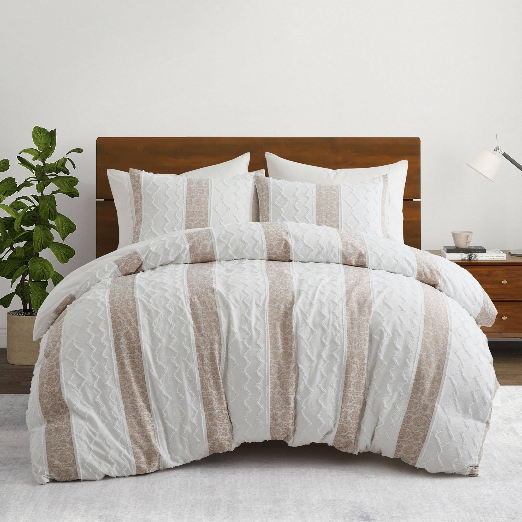 Front. Peace Nest - Peace Nest 3-Piece Textured Stripe Geometric Oversized Stylish Duvet Cover Set, Floral, Twin - Floral.