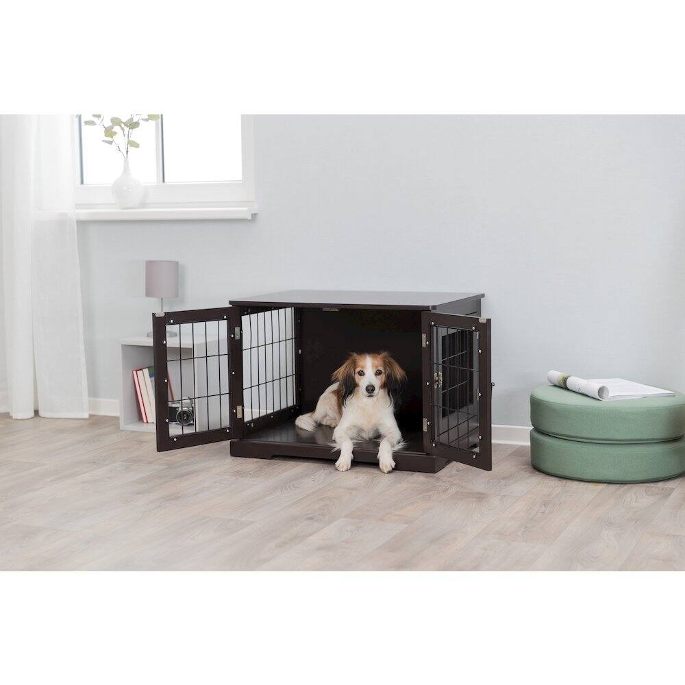 Angle. TRIXIE - Dog Crate, Wooden Indoor Kennel Furniture for Dogs Up to 25 lb - Espresso Brown.