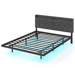 LUCKY ONE - Full/Queen Assembled Floating Bed Frame with LED Lights Headboard Charging Station 8" Clearance - Gray