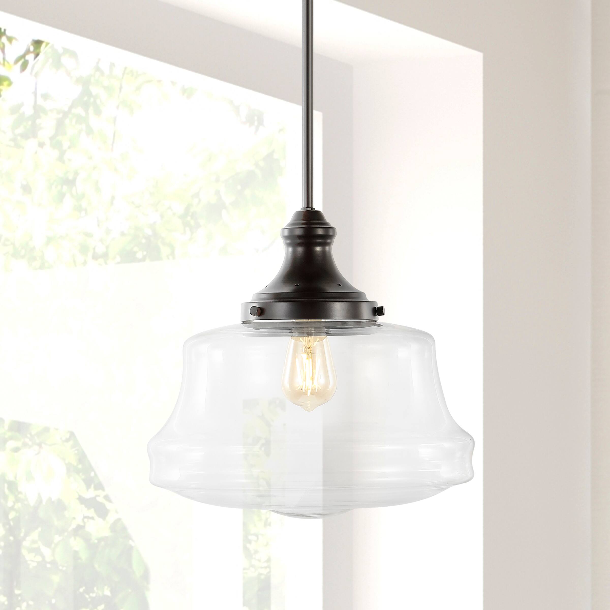 Alt View 1. Jonathan Y - Schoolhouse 14" 1-Light Bohemian Farmhouse Iron/Glass LED Pendant, Oil Rubbed Bronze/Clear - Oil Rubbed Bronze.
