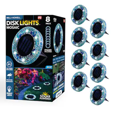 BELL+HOWELL
DISK LIGHTS MOSAIC
8 PACK
- GREAT FOR
- NO WIRES REQUIRED
- WEATHER RESISTANT
- 6 BRIGHT LEDS
- SOLAR POWERED
- NO BATTERIES
- STAKES INCLUDED!
- AUTO ON/OFF
- 8 DISK LIGHTS
- BLUE
- BRIGHT LEDS
- WEATHER RESISTANT
- NO WIRES REQUIRED
- SOLAR POWERED
- 8 PACK