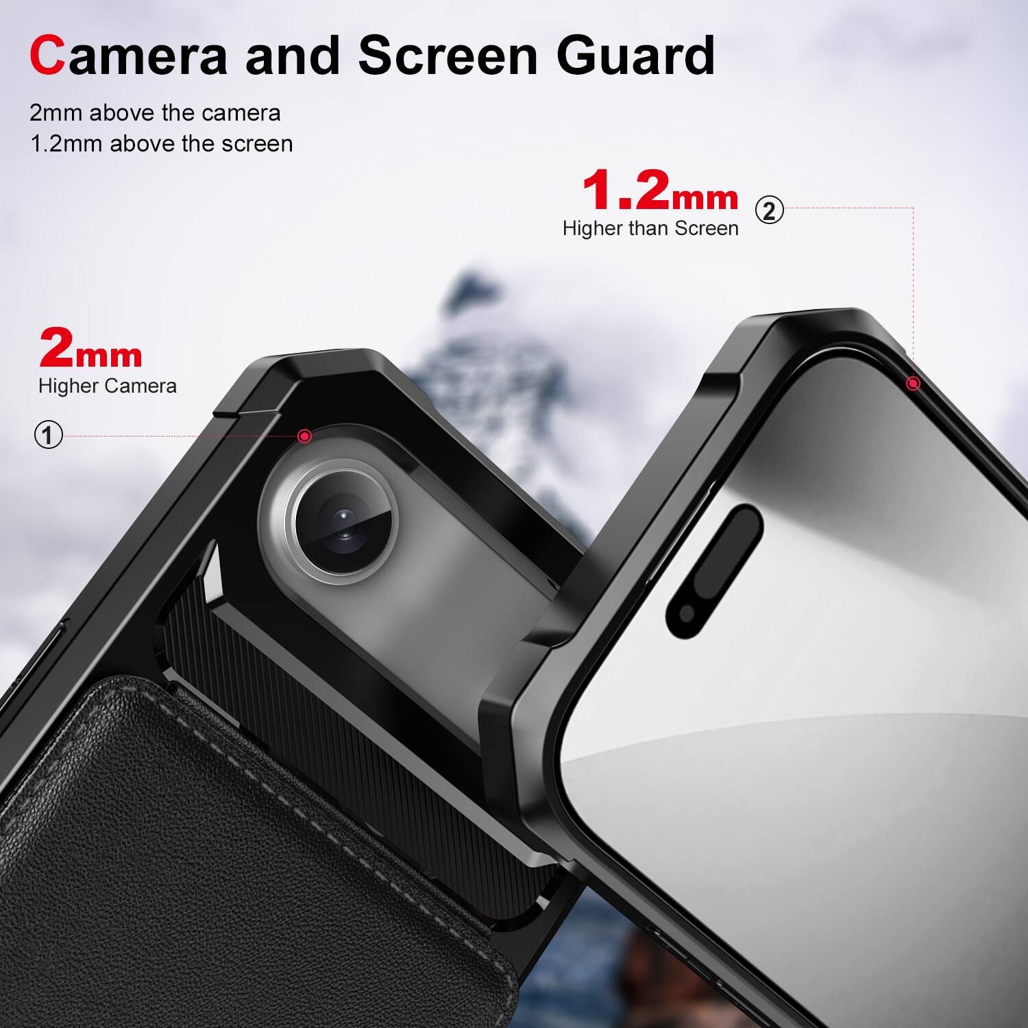 Camera and Screen Guard

2mm above the camera  
1.2mm above the screen

1. 2mm  
   Higher Camera

2. 1.2mm  
   Higher than Screen