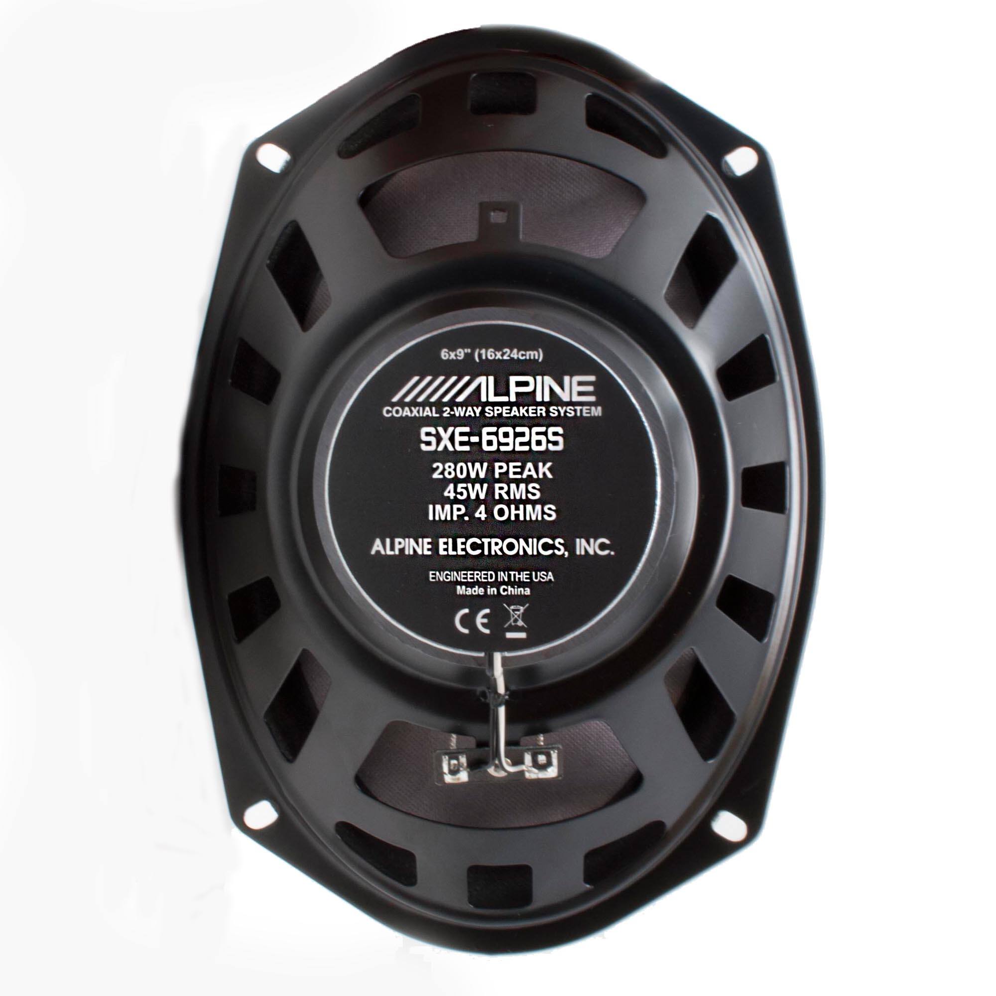 6x9" (16x24cm) ALPINE COAXIAL 2-WAY SPEAKER SYSTEM SXE-6926S  
280W PEAK  
45W RMS  
IMP. 4 OHMS  
ALPINE ELECTRONICS, INC.  
ENGINEERED IN THE USA  
Made in China  
CE
