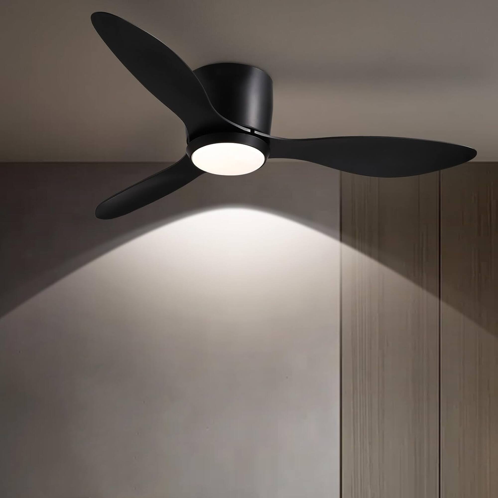 Angle. Siljoy - 42 Inch Modern Black Flush Mount Ceiling Fan with LED Light Remote Control, for Bedroom Living Room  Patio - Black.