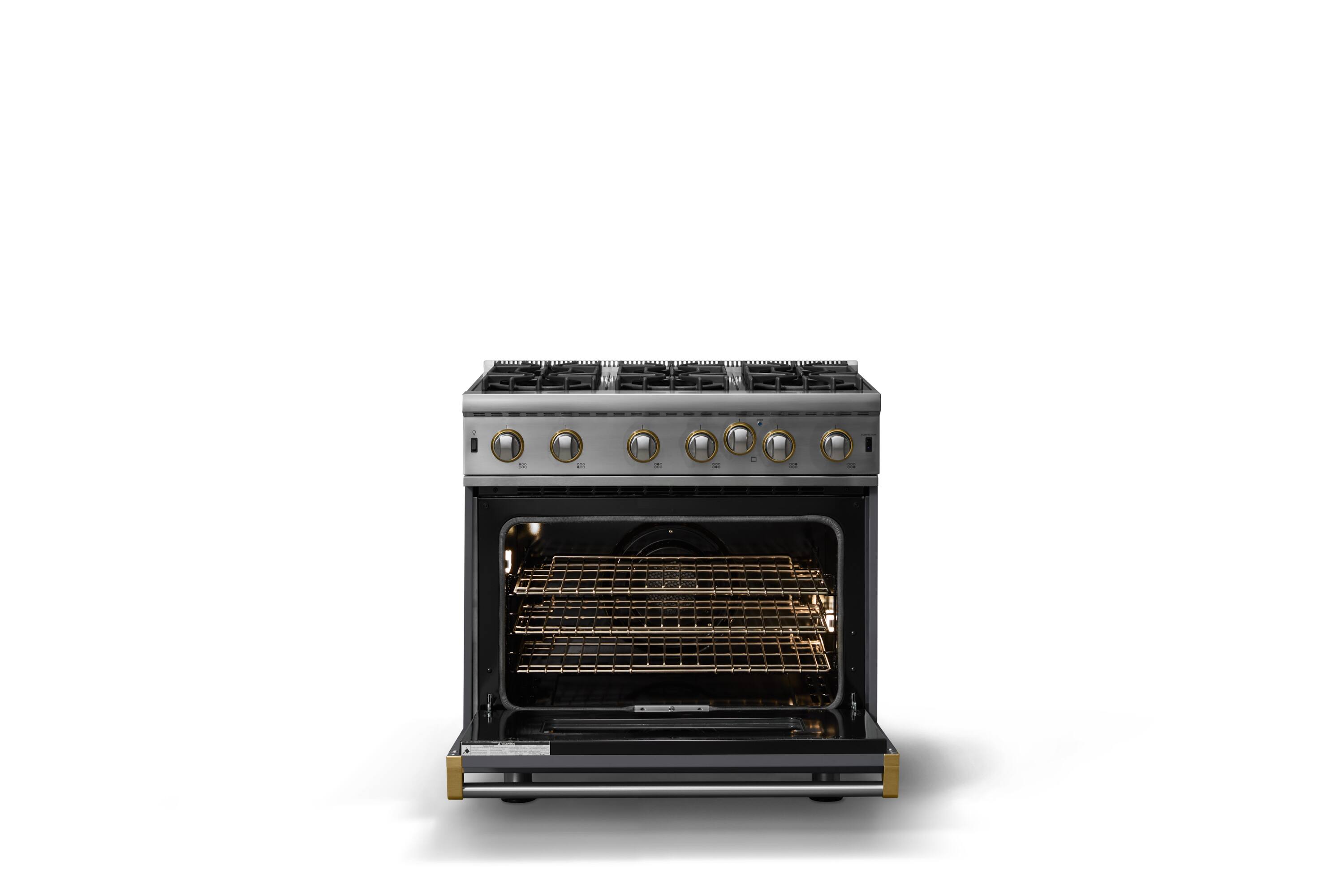 Alt View 2. Viking - Professional 5 Series 5.1 Cu. Ft. Freestanding Open Burner Gas Convection Range - Cast Black w. Brushed Brass Trim - Cast Black.