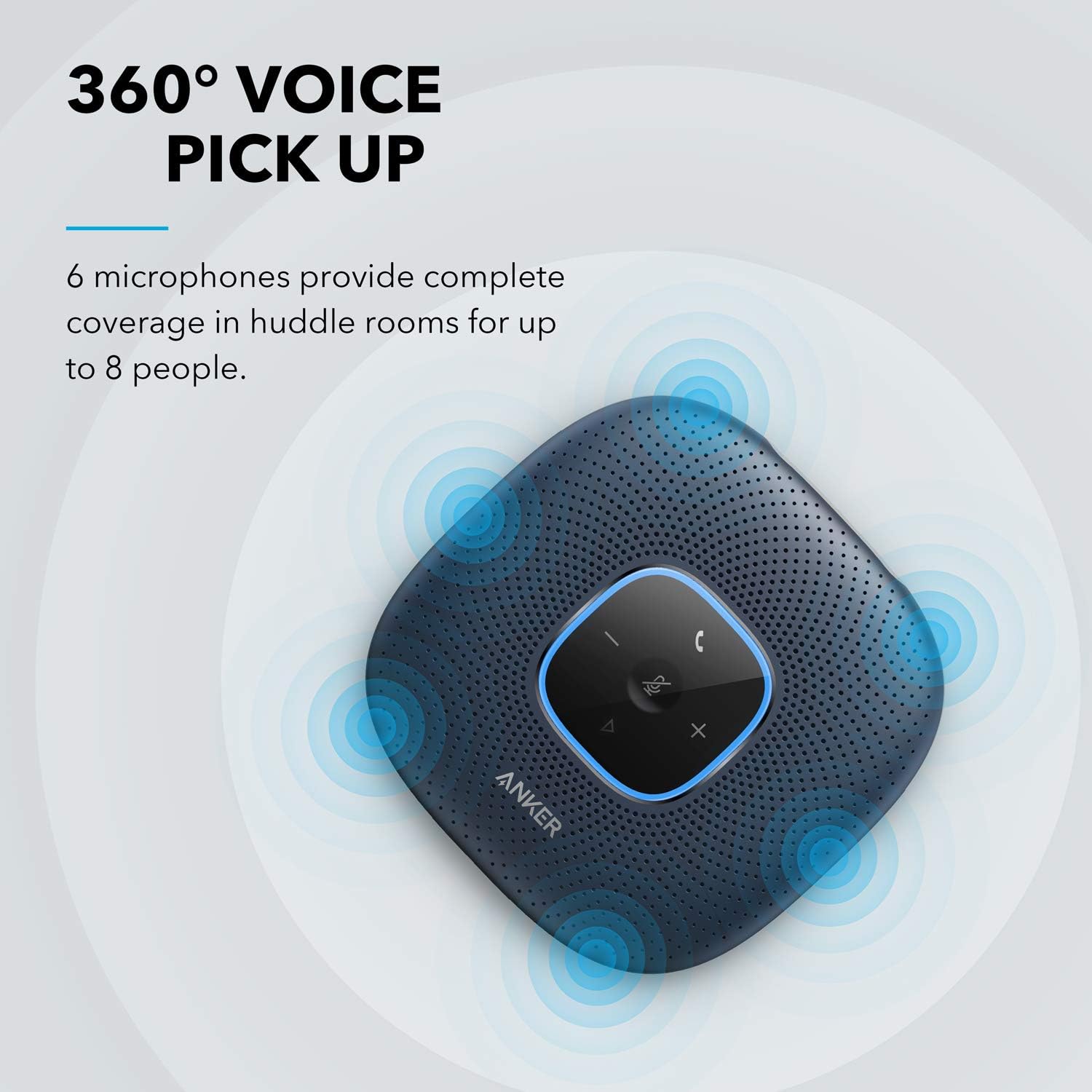 360° VOICE PICK UP

6 microphones provide complete coverage in huddle rooms for up to 8 people.