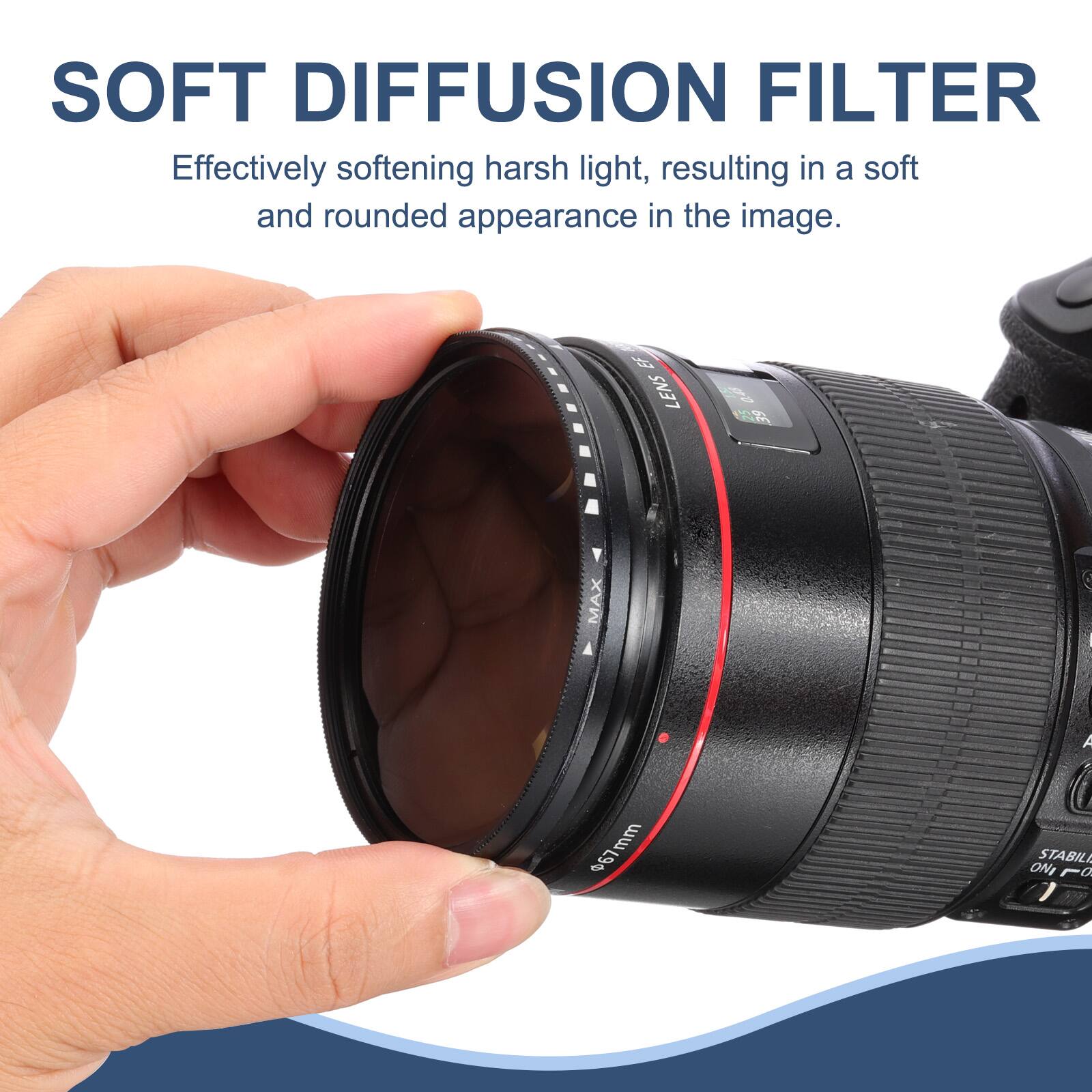 SOFT DIFFUSION FILTER  
Effectively softening harsh light, resulting in a soft and rounded appearance in the image.

EF LENS  
0.48  
A  
67mm  
STABILIZER ON