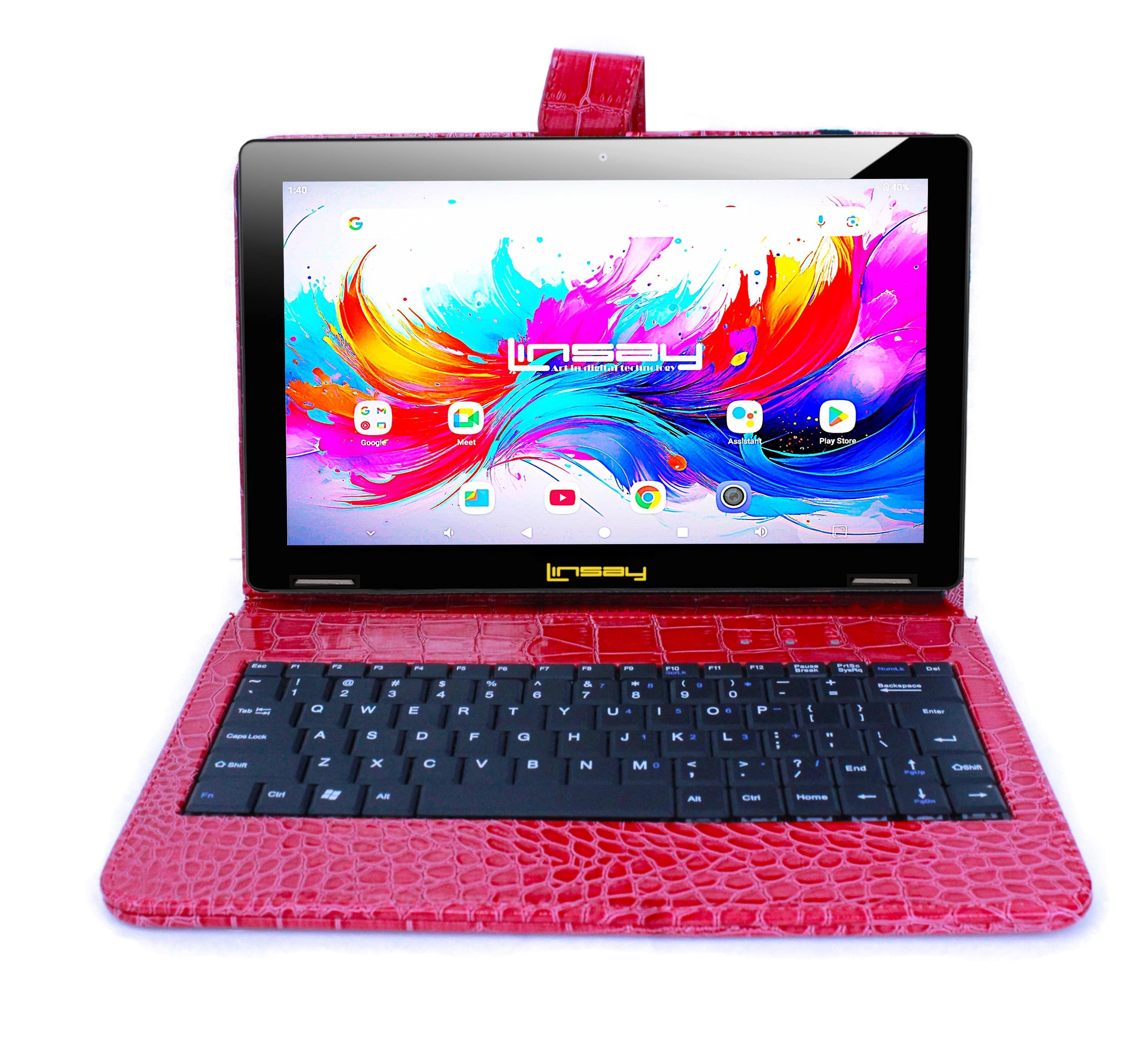 LINSAY - 10.1" Octa Core 256GB Storage Android 15 Tablet with Crocodile Keyboard - Red