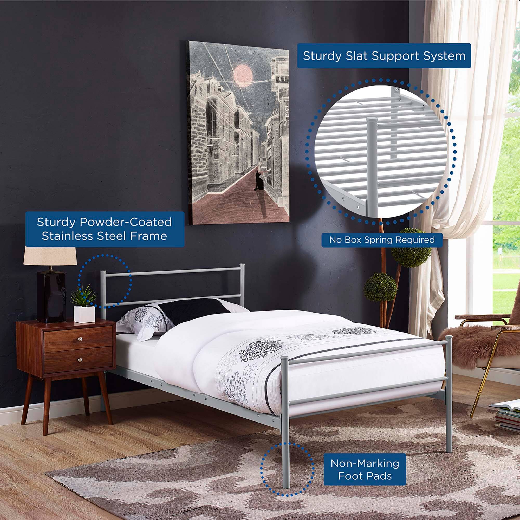 - Sturdy Powder-Coated Stainless Steel Frame
- Sturdy Slat Support System
- No Box Spring Required
- Non-Marking Foot Pads