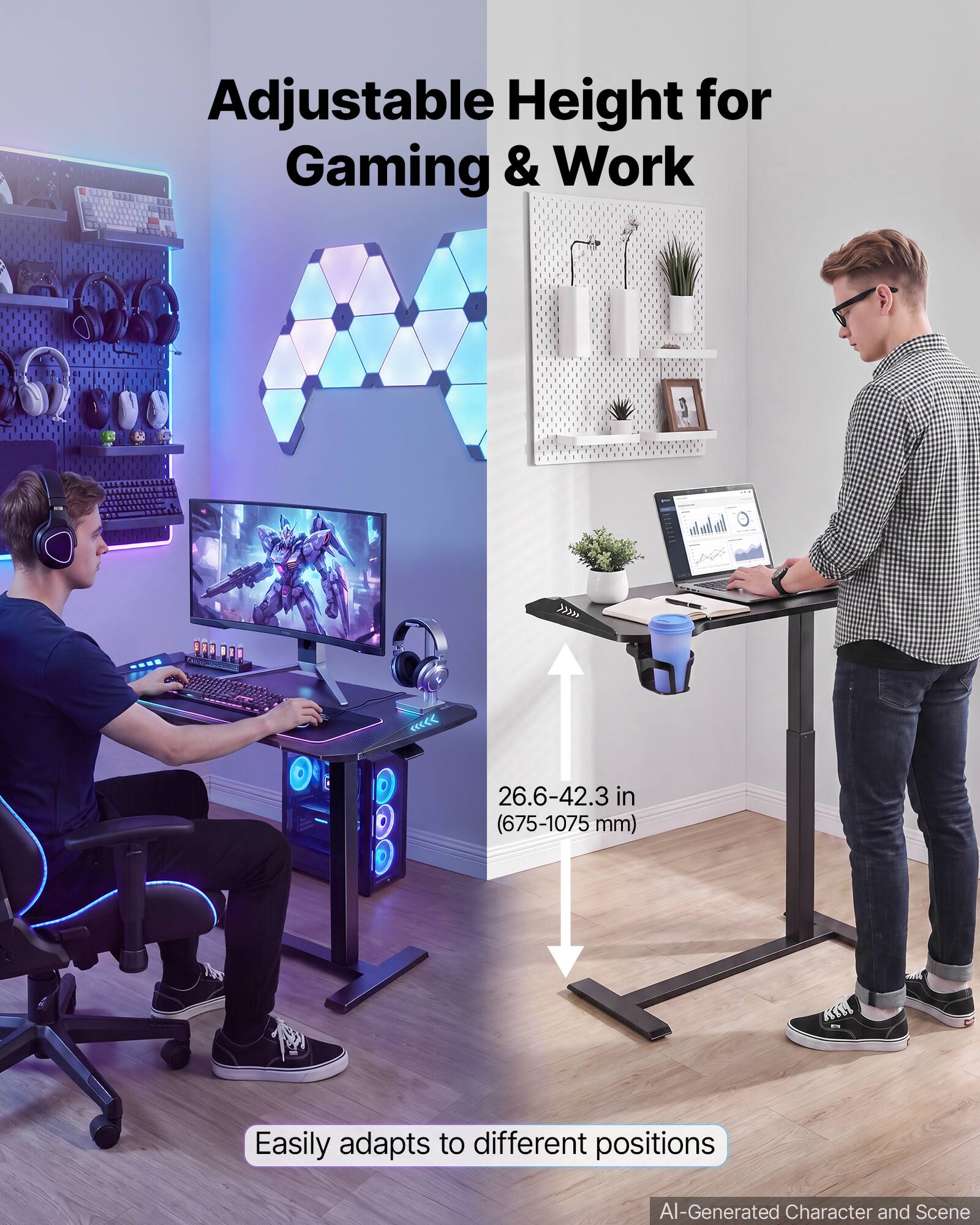 Adjustable Height for Gaming & Work

26.6-42.3 in (675-1075mm)
Easily adapts to different positions

AI-Generated Character and Scene