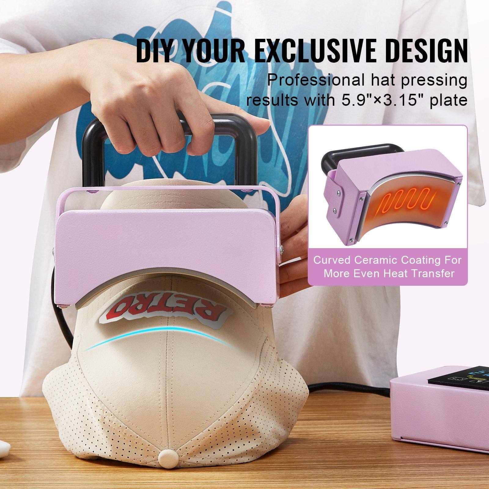 DIY YOUR EXCLUSIVE DESIGN  
Professional hat pressing results with 5.9"x3.15" plate  

Curved Ceramic Coating For More Even Heat Transfer