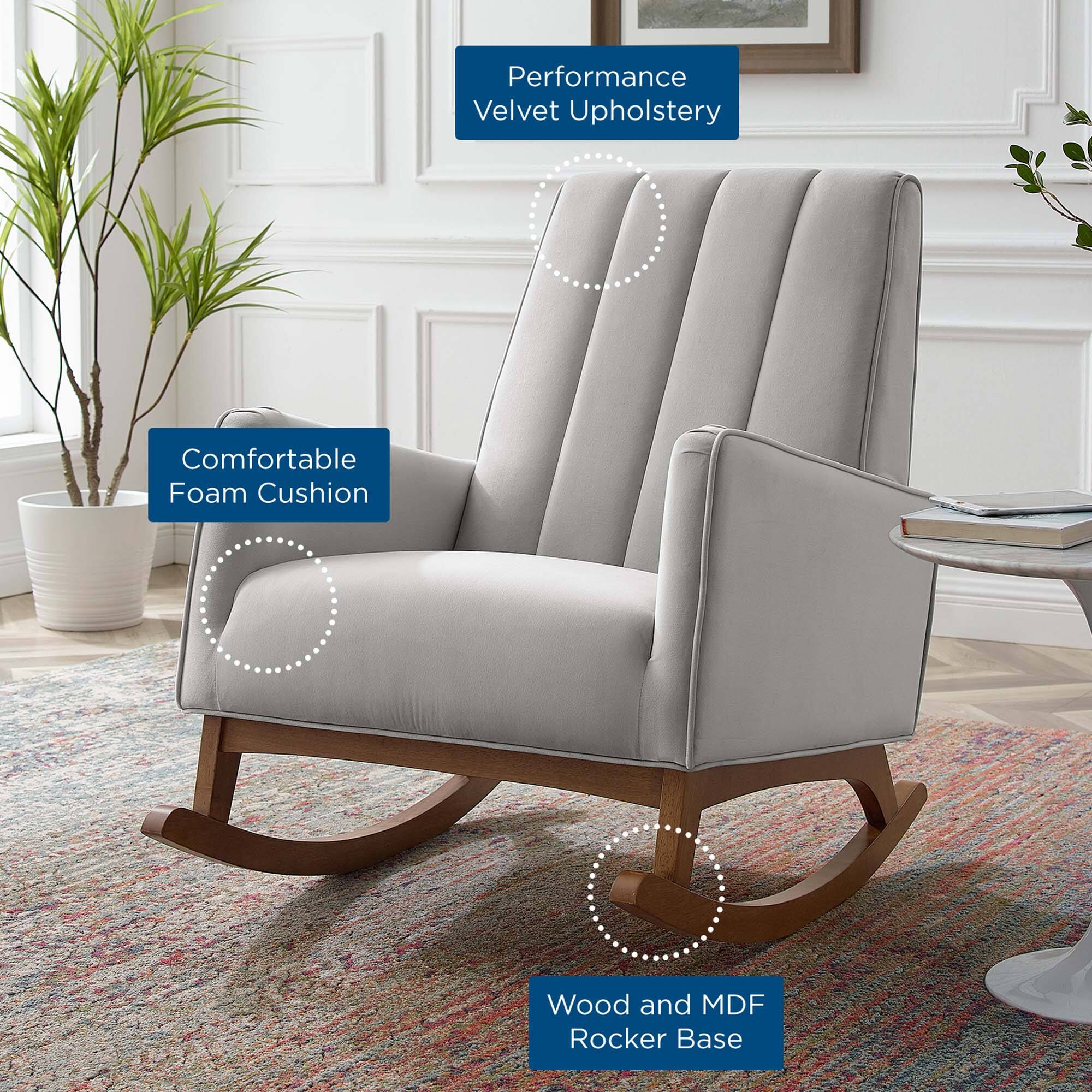 Performance Velvet Upholstery  
Comfortable Foam Cushion  
Wood and MDF Rocker Base